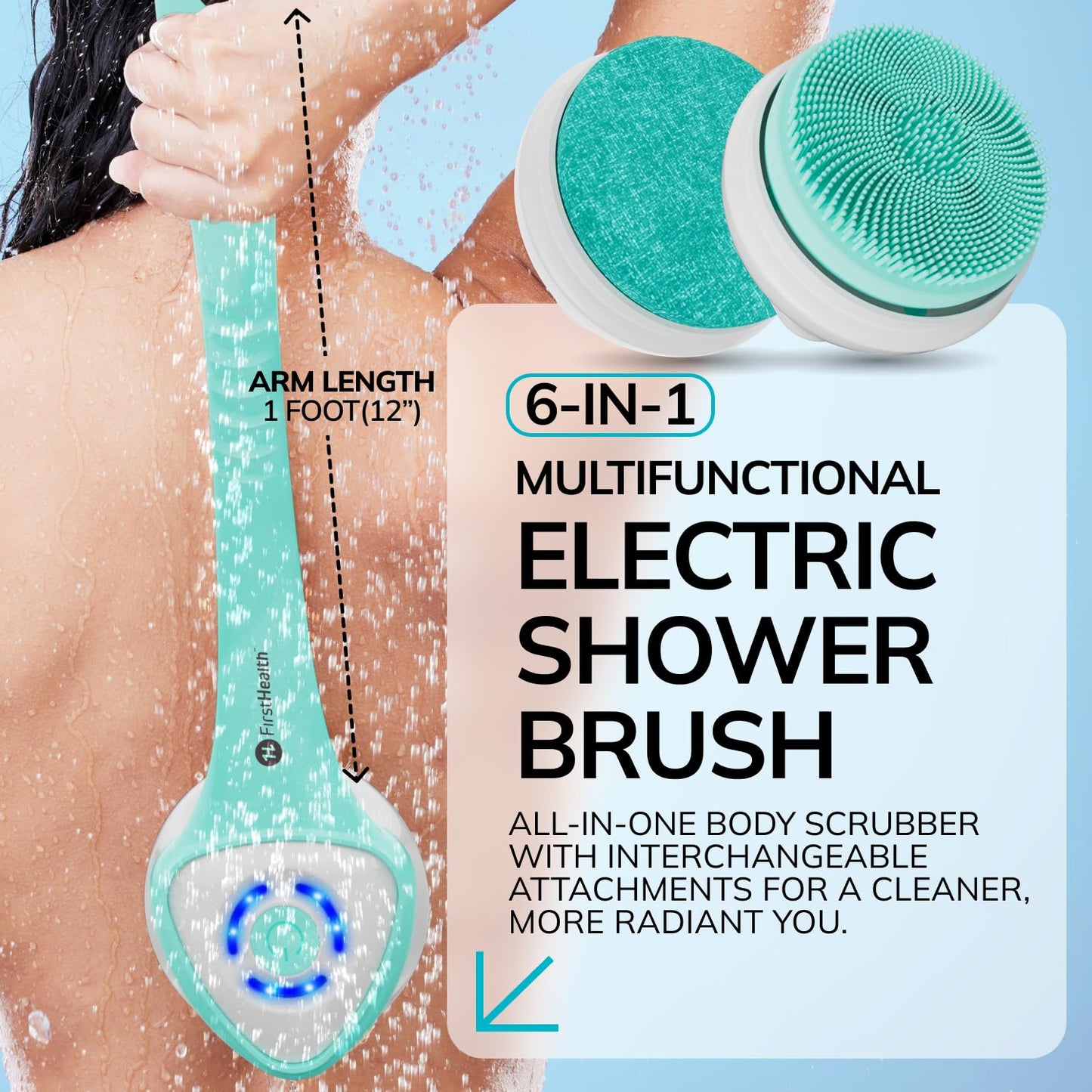 FIRSTHEALTH 6-in-1 Electric Exfoliating Body Scrubber for Women & Men, USB-C Rechargeable IPX7 Waterproof Shower Brush, Detachable Long Handle Back Beauty and Personal Care FIRSTHEALTH