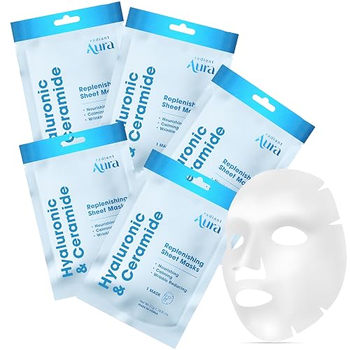 Radiant Aura Ceramide & Hyaluronic Acid Sheet Mask - Dermatologist Tested, Anti Aging, Korean Skin Care - Hydrates, Plumps Fine Lines, Supports Skin Beauty & Personal Care Radiant Aura