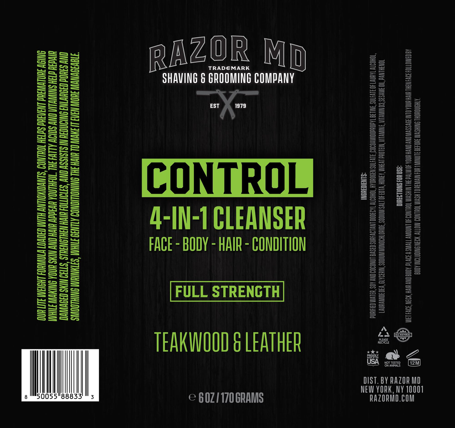 Razor MD Control Men's Face Wash, Body & Hair Cleanser, 4-in-1 Body Wash, Hair Conditioner and Facial Cleansers for Men, Teakwood & Leather Scent, 6 Beauty & Personal Care Razor MD