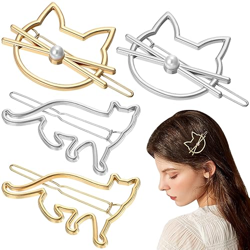 FRCOLOR Cat Hair Clip, 4 Pieces Metal Novelty Pearl Cat Shaped Hair Clips Cute Small Cat Barrettes Hairpins for Women Girls Beauty & Personal Care FRCOLOR