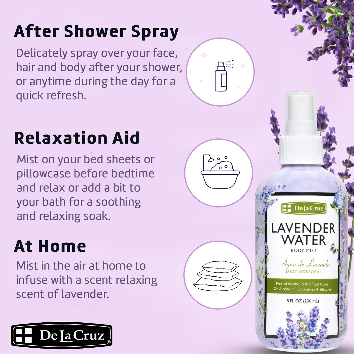 De La Cruz Lavender Water Body Mist - Lavender Spray body mist With Pure Lavender Essential Oil 8 fl oz (236 mL) Beauty & Personal Care De La Cruz