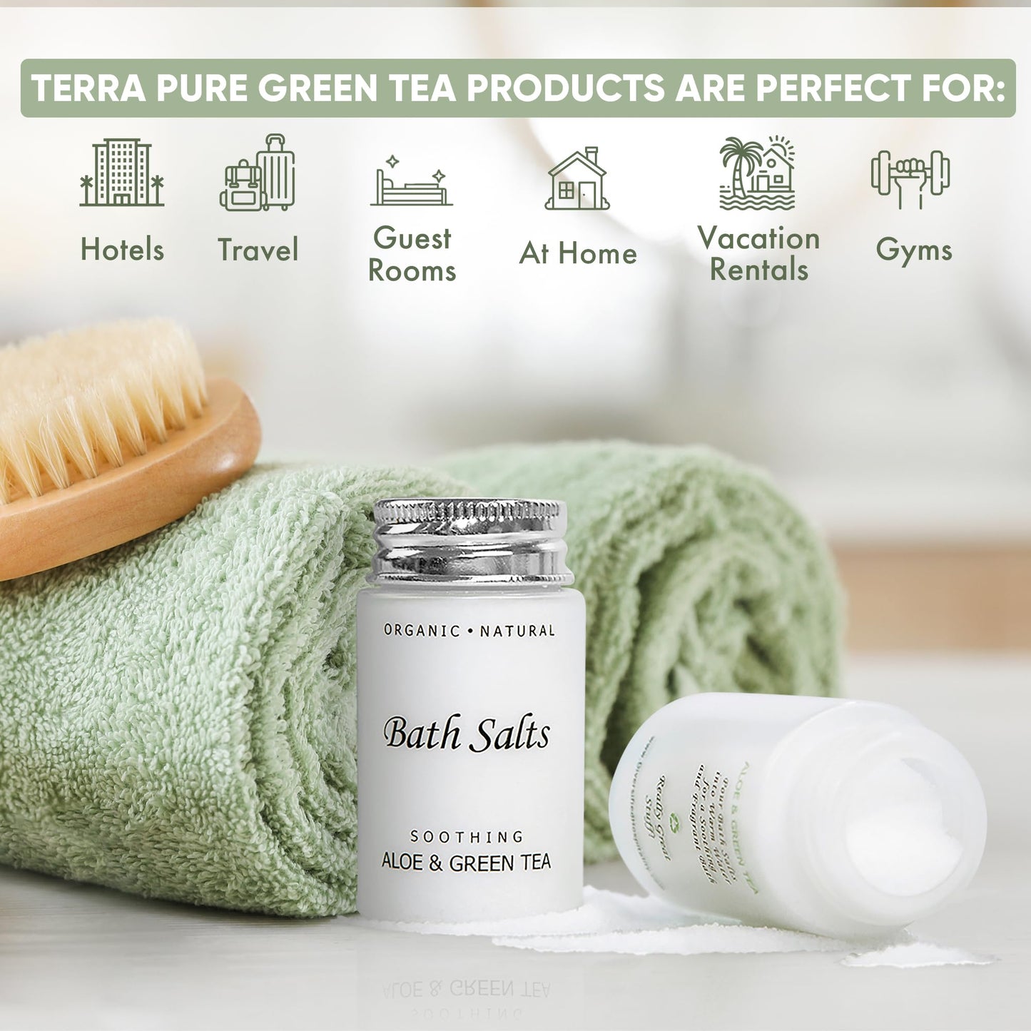 Soothing Aloe & Green Tea Bath Salts - 1.2oz Single-Use Hospitality/Travel Size Jar - Case of 300 Beauty and Personal Care Terra Pure