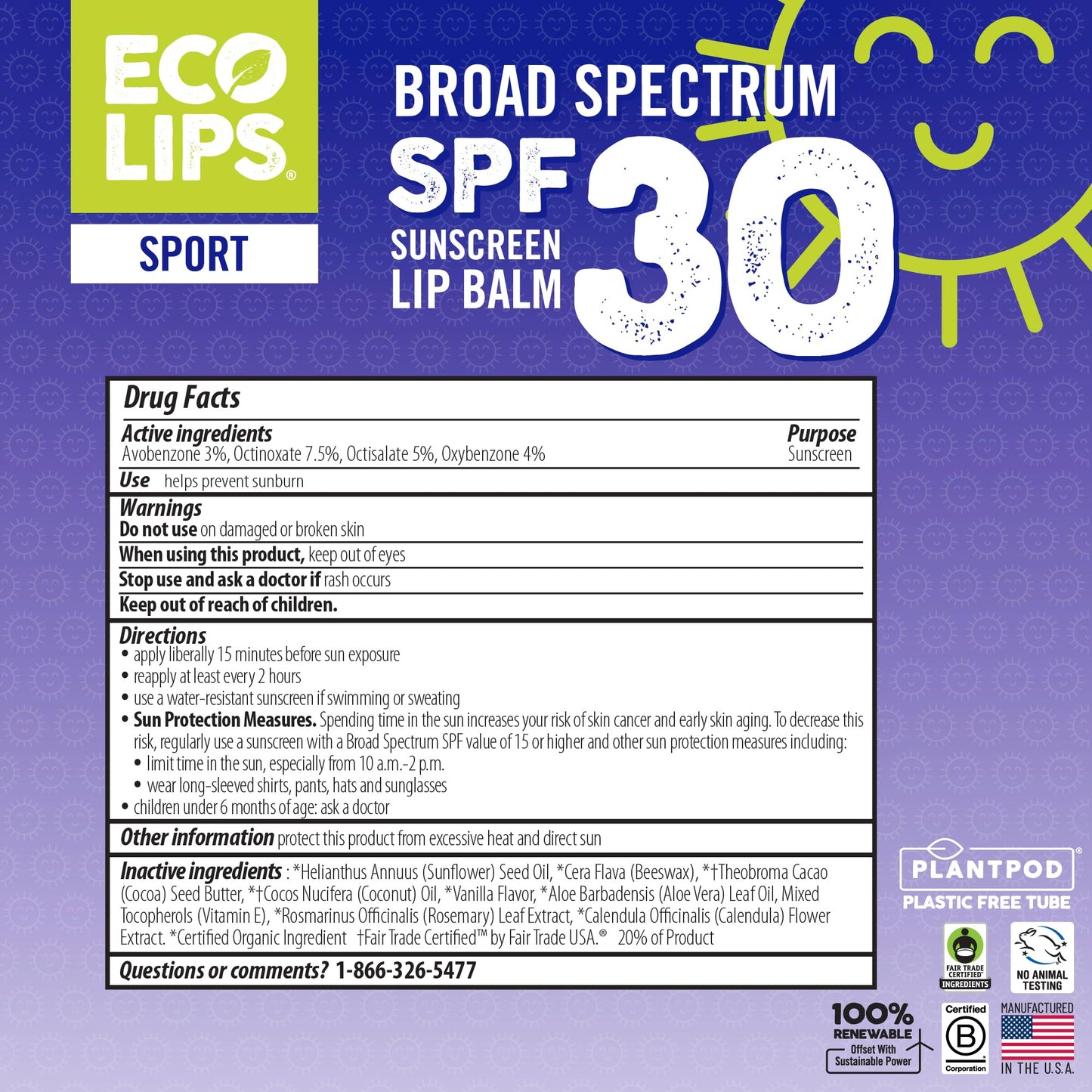 Eco Lips Classic Variety Broad Spectrum Sunscreen Lip Balm 6-Pack (Berry, Sport, Mint) - 100% Plastic-Free Plant Pod Packaging - Made in USA Beauty & Personal Care Eco Lips