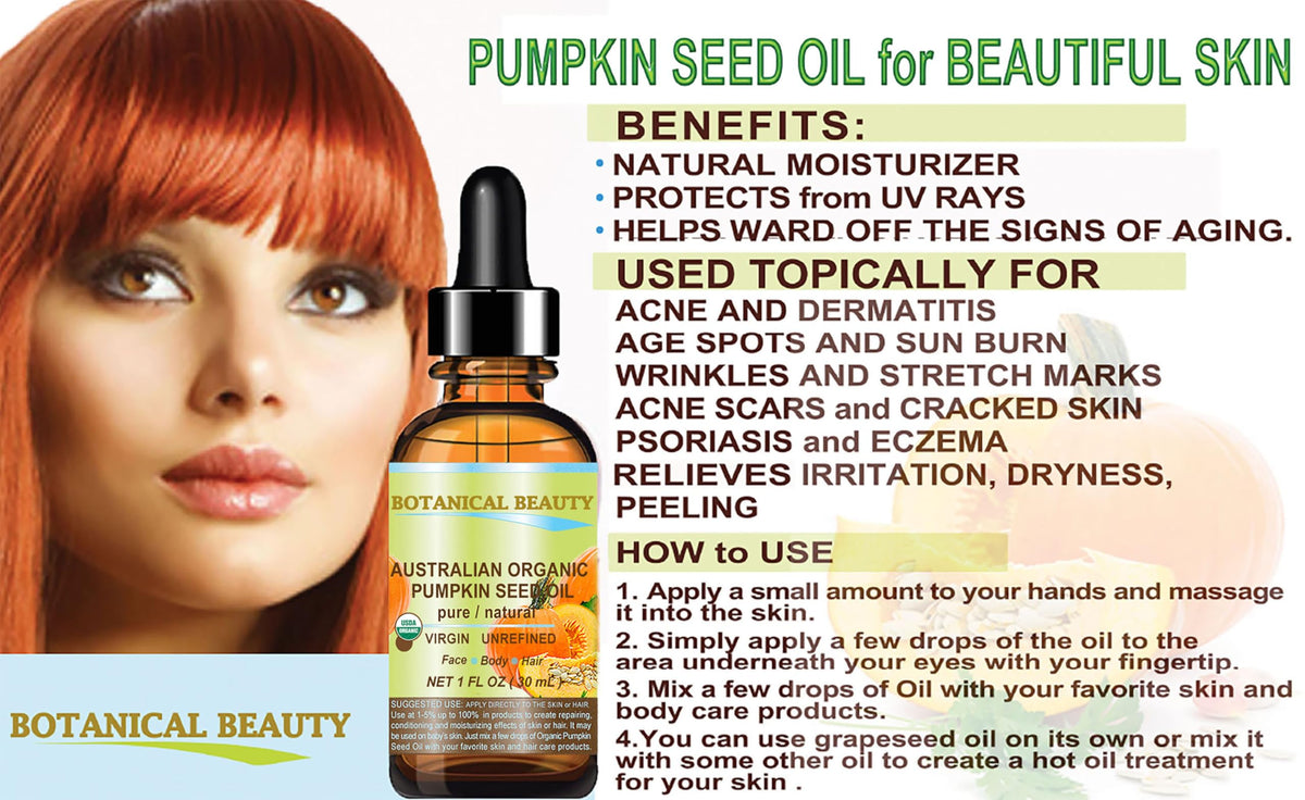 Botanical Beauty Australian ORGANIC PUMPKIN SEED OIL 100% Pure Natural Virgin Unrefined Cold Pressed Carrier Oil. 1 Fl.oz.- 30 ml. for Face, Skin Beauty & Personal Care Botanical Beauty
