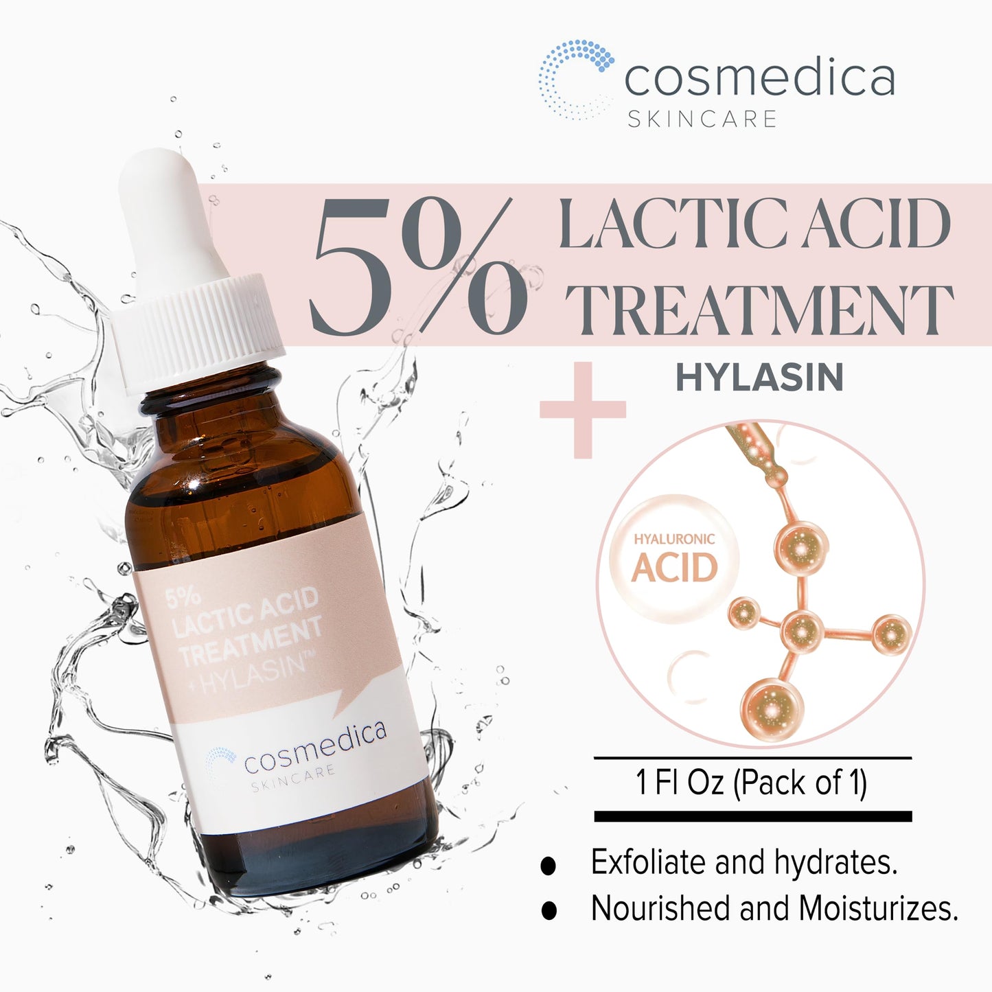 Cosmedica Skincare 5% Lactic Acid Treatment Hylasin - AHA, Hyaluronic Acid, Gentle Exfoliator Dark Spot Corrector, Anti-Aging, Face Peel Brightening Beauty & Personal Care Cosmedica Skincare
