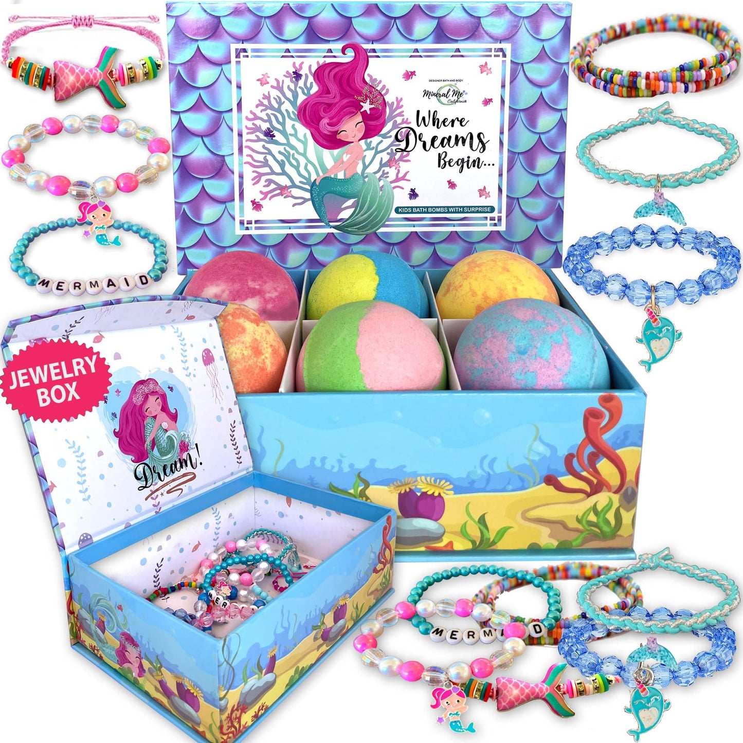Bath Bombs for Kids with Surprise Inside, Mermaid Bath Bombs for Girls with Jewelry & Jewelry Box for Kids Organic, Skin Moisturizing, Natural Bubble Beauty and Personal Care Mineral Me California