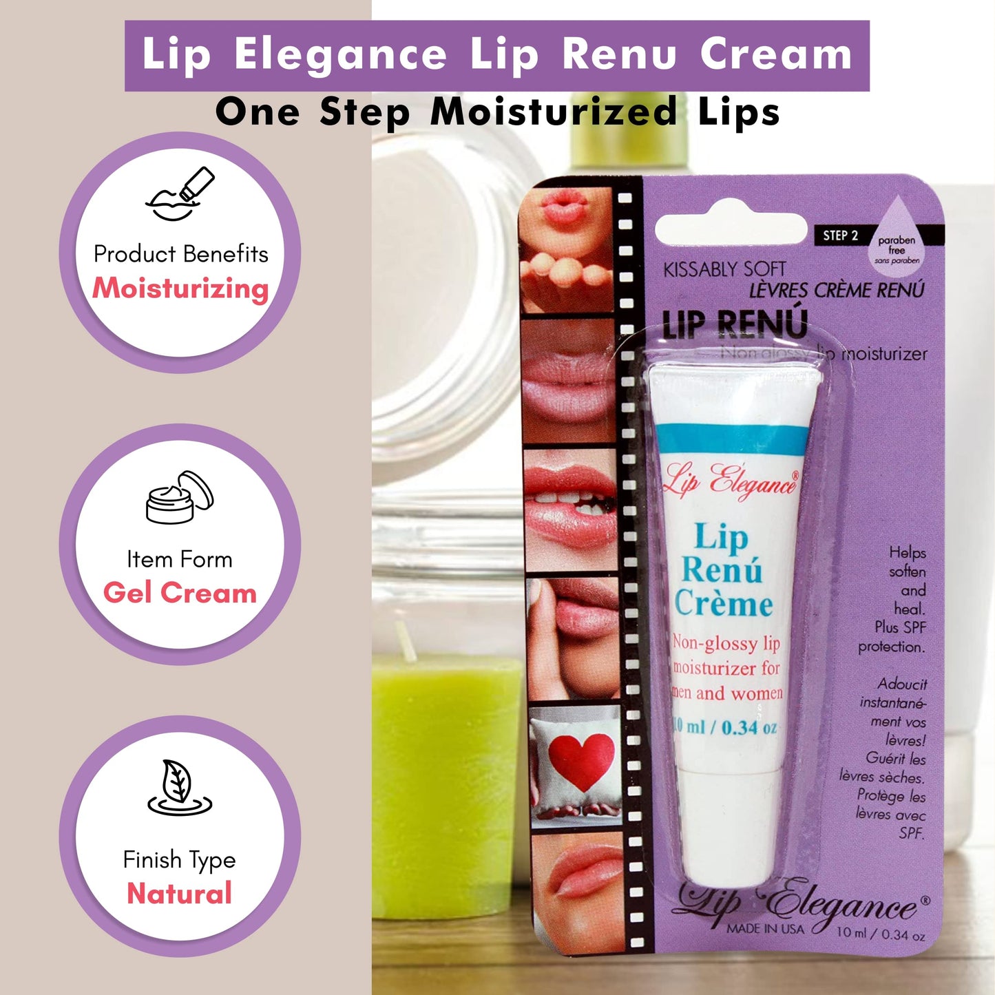 Lip Elegance Lip Renu Cream - Deep Nourishment Lip Moisturizer - Non-Glossy Lip Cream for Men and Women - SPF-6 Support for Lip Care - All-Natural Beauty and Personal Care Lip Elegance