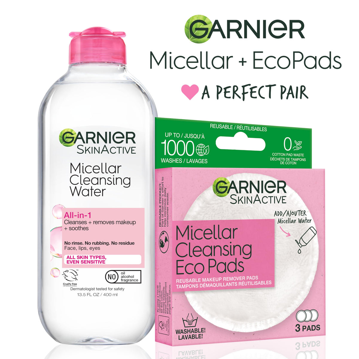 Garnier Micellar Water and Eco Pad Starter Kit, All-In-1 Facial Cleanser & Makeup Remover and 3 Piece Reusable Makeup Remover Pads Set