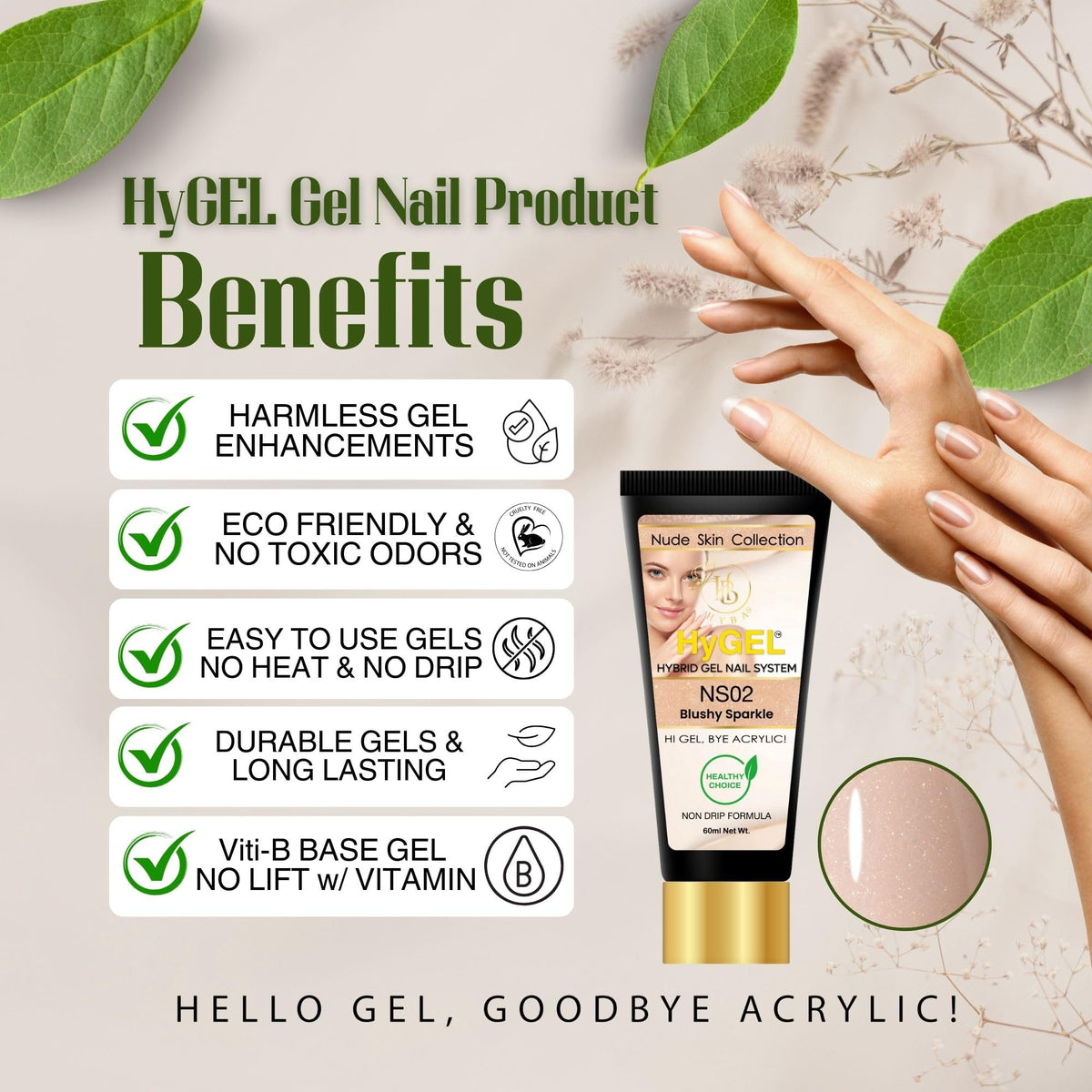 HyGEL Hybrid Nail Gel, Nude Skin Collection SINGLES, 60ml (Blushy Sparkle, NS02)
