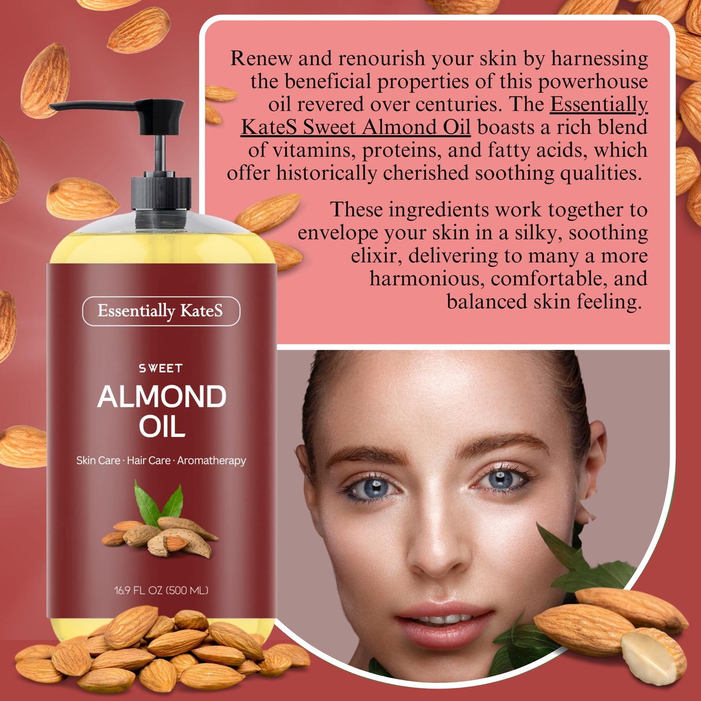 Essentially KateS Sweet Almond Oil 33.8 Fl Oz - Pack of 2 x 16.9 Fl Oz - 100% Pure and Natural - Conditioning, Moisturizing & Nourishing - No Greasy Beauty and Personal Care Essentially KateS