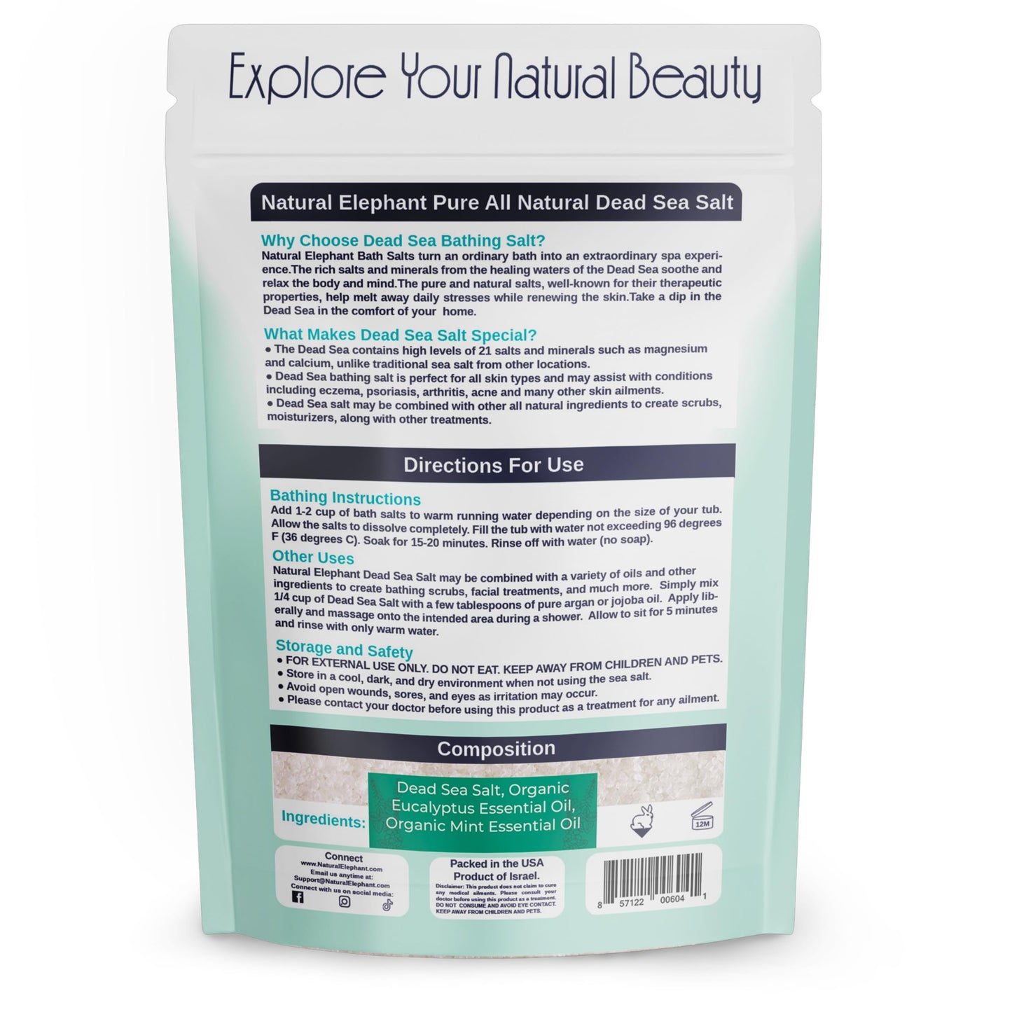 Natural Elephant Dead Sea Bath Salt Bathing and Foot Soak for Relaxing and Nourishing- 100% Pure with Essential Oil - Medium Coarse Grain (2 lb (32 Beauty and Personal Care Natural Elephant