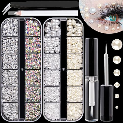 Flat Back Rhinestones&Pearls Kits Round Glass Crystal AB&Transparent White Gems+White&Beige Pearls with Quick Dry Makeup Glue+Picker Pencil+Tweezer Beauty & Personal Care BELLEBOOST