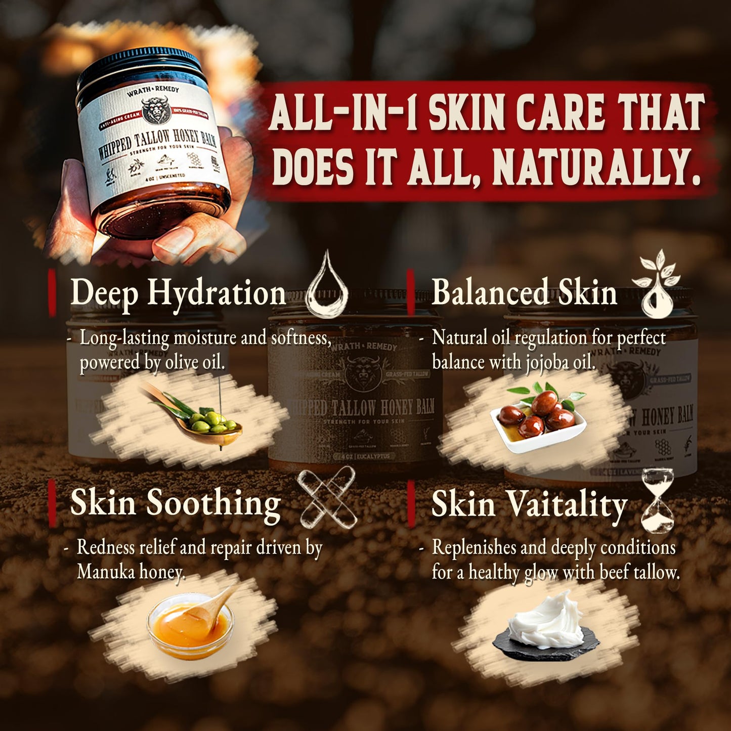 Organic Beef Tallow for Skin - 4 OZ (Unscented) - US-Made Grass Fed Beef Tallow for Face + Body - Whipped Tallow and Honey Balm Moisturizer for Dry Beauty and Personal Care Wrath & Remedy