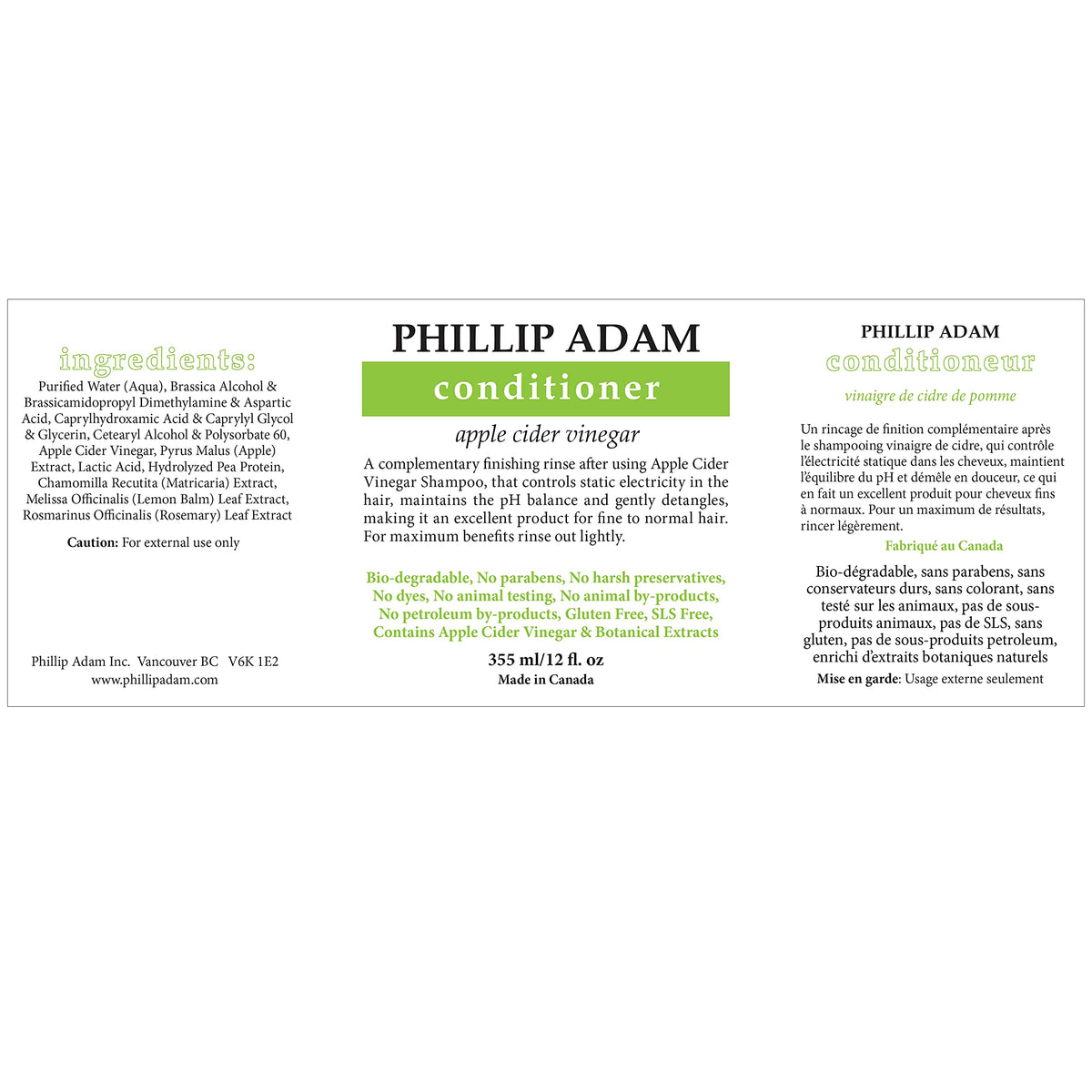 Phillip Adam Apple Cider Vinegar Conditioner for Shiny Hair - No Harsh Preservatives - For All Hair Types - 12 Ounce