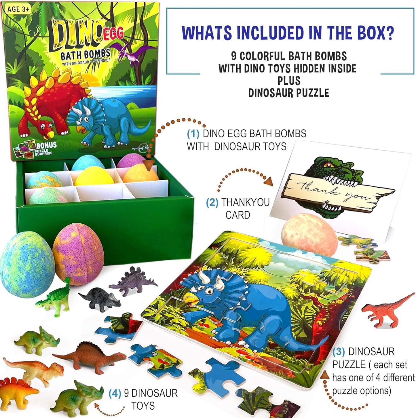 Bath Bombs for Kids with Surprise Toys Inside Plus Dinosaur Puzzle - Set of 9 Organic Dino Egg Bath Bombs with Rich Bubbles, Birthday Gifts for Kids Beauty and Personal Care Mineral Me California