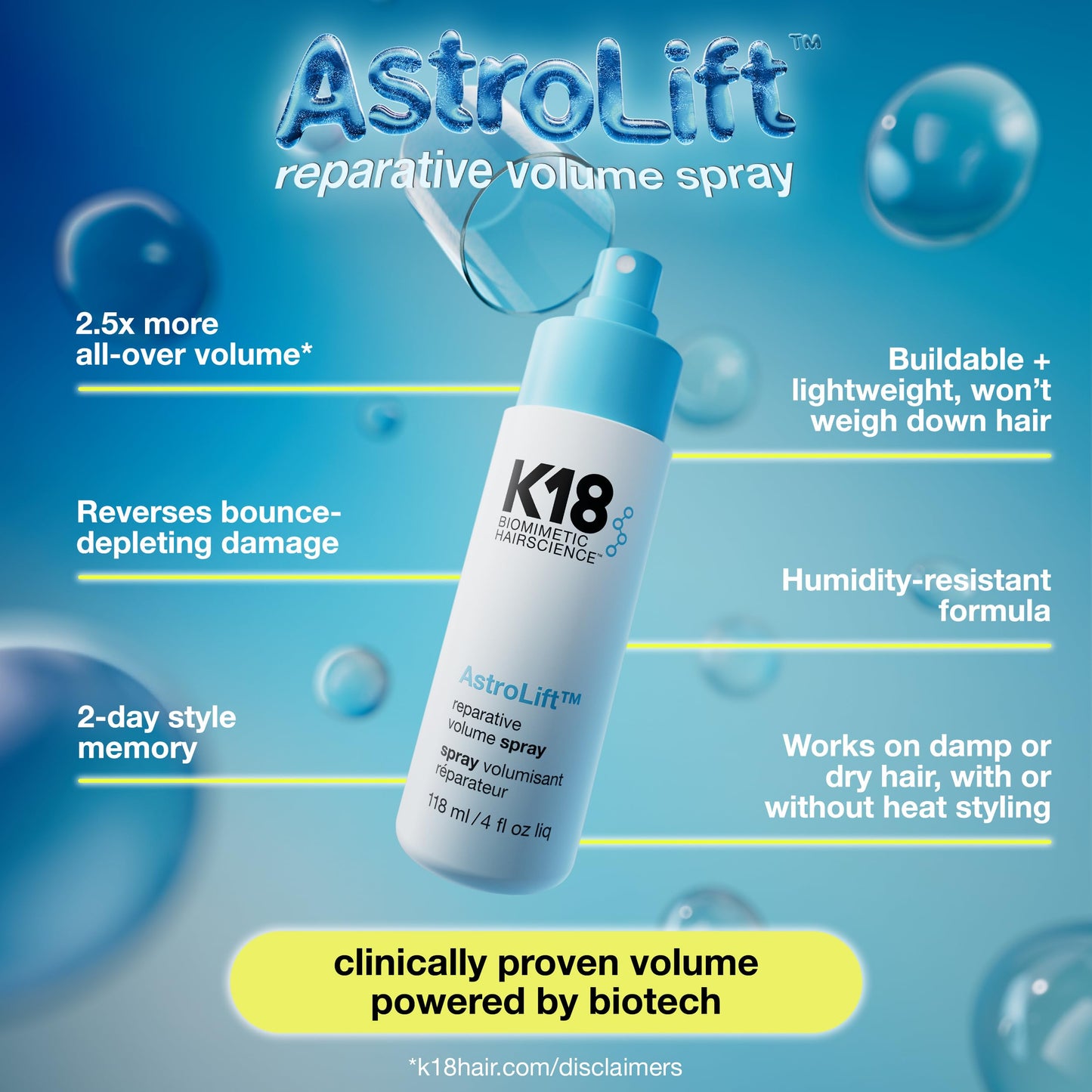 K18 AstroLift Reparative Volume Spray - Damage Repair Hair Volumizer + Thickening Spray for Fine Hair - Flexible 2-Day Hold + Humidity-Resistant Beauty and Personal Care K18