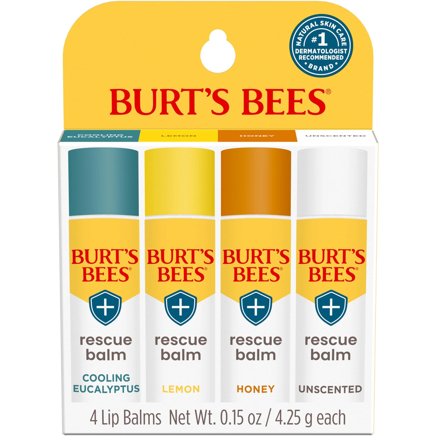 Burt's Bees 100% Natural Rescue Lip Balm, Cooling Eucalyptus, Lemon, Honey, Unscented, 4 Tubes Beauty and Personal Care Burt's Bees