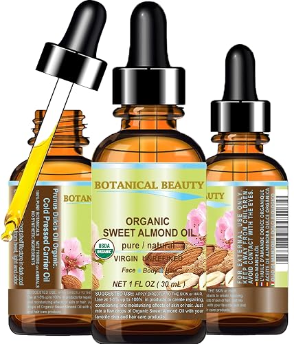 Botanical Beauty Organic SWEET ALMOND OIL 100% Pure Natural Virgin Unrefined Undiluted Cold Pressed Carrier Oil for Face, Skin, Body, Hair, Massage Beauty & Personal Care Botanical Beauty