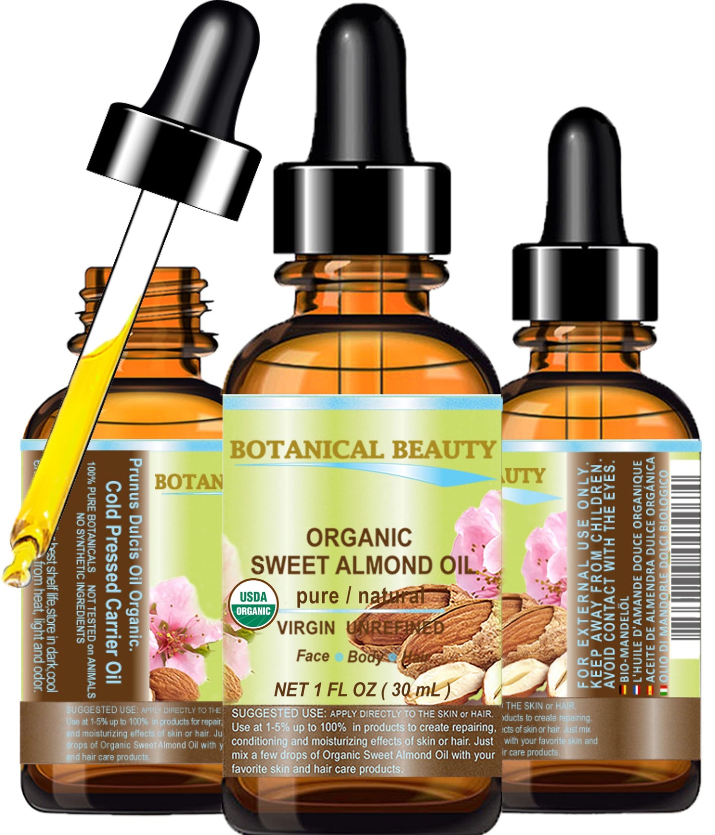 Botanical Beauty Organic SWEET ALMOND OIL 100% Pure Natural Virgin Unrefined Undiluted Cold Pressed Carrier Oil for Face, Skin, Body, Hair, Massage Beauty & Personal Care Botanical Beauty