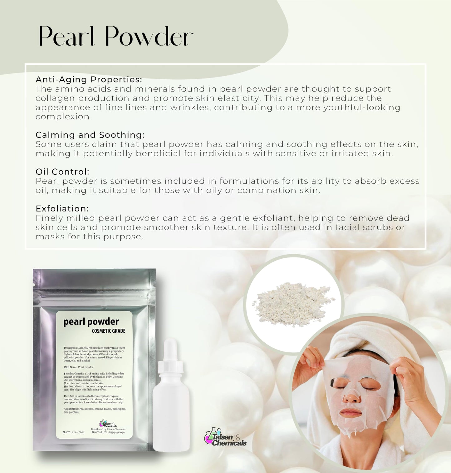 Talsen Chemicals Pure Pearl Powder DIY Cosmetic Grade Pearl Powder For Face, Making Face Mask, Cream And Lotion (1 Ounce / 28 gram) Beauty & Personal Care Talsen Chemicals
