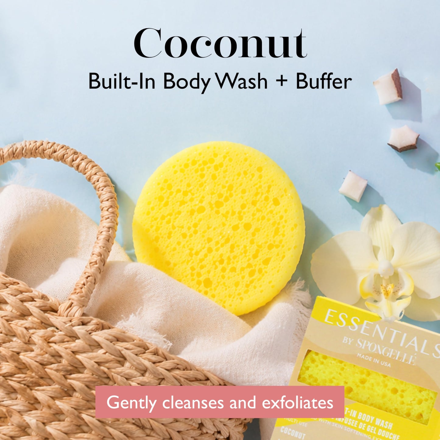 Spongelle Coconut Essentials Body Buffer - Bath & Shower Loofah for Women - Cleanse, Exfoliate, and Nourish in one Easy Step - Cruelty-Free, Vegan Beauty and Personal Care SPONGELLÉ