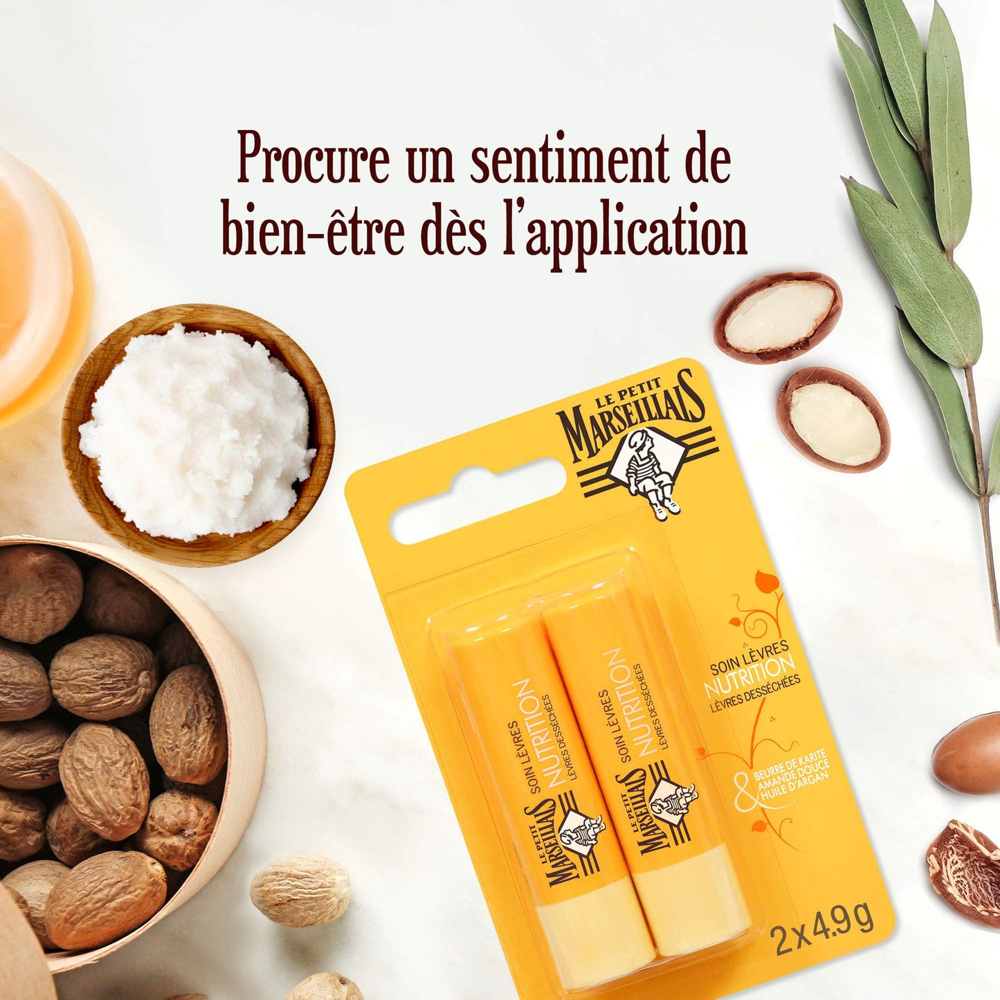 Le Petit Marseillais - Soin Lèvres Nutrition Lèvres Desséchées (2 tubes de 4,9 g) - Baume à lèvres au beurre de karité, amande douce et huile d'argan Beauty and Personal Care Le Petit Marseillais