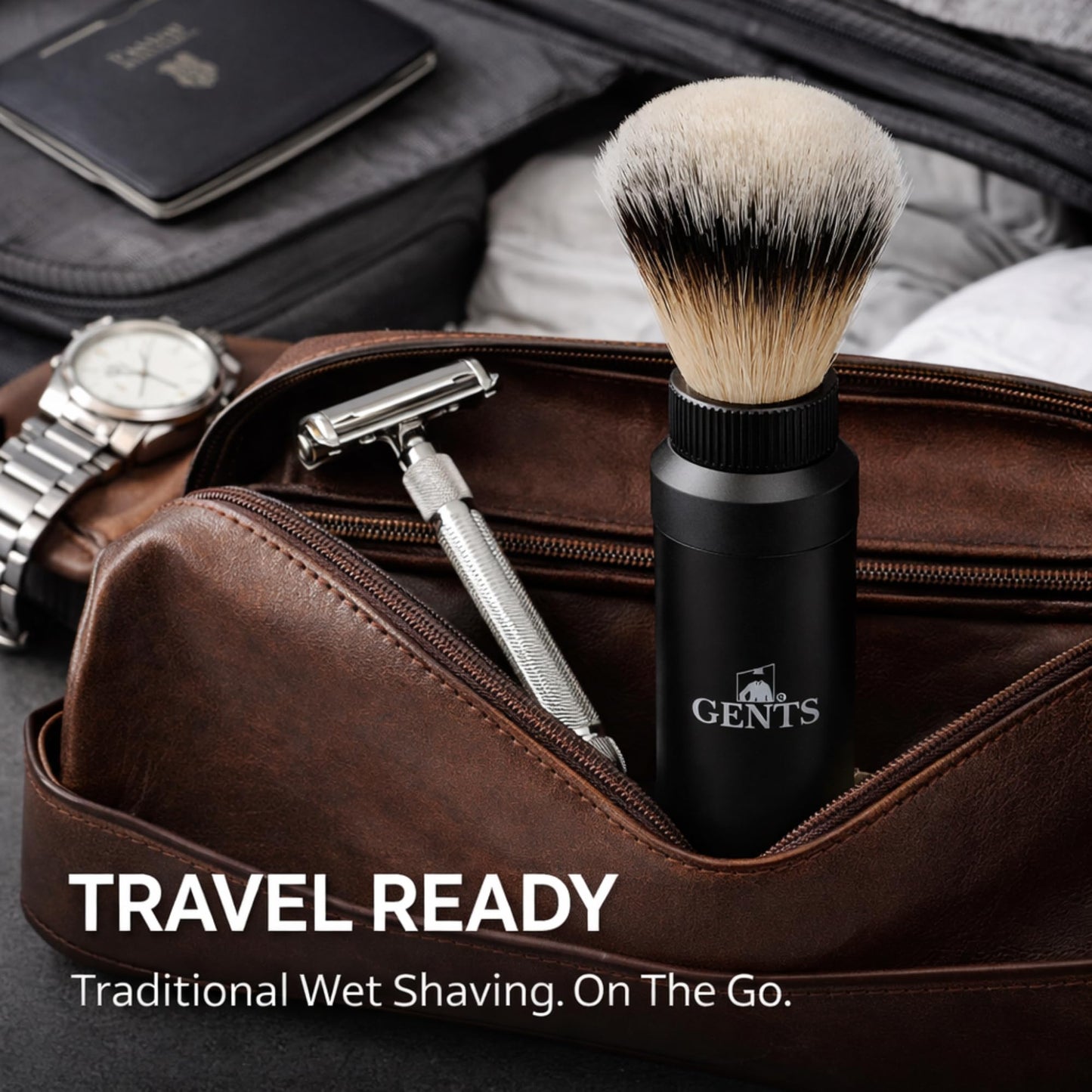 GENTS Travel Shaving Brush with Collapsible Canister - Synthetic Bristles, Compact Portable Wet Shaving Brush for Men, Chrome-Style Travel Grooming Beauty and Personal Care G.B.S