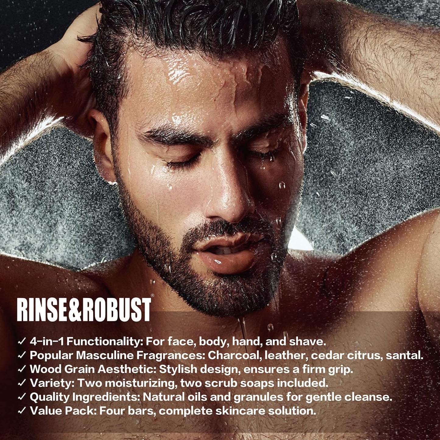Rinse & Robust Bar Soap for Men - 4Pcs Exfoliating & Moisturizing 4-in-1 Cleansing Bar Set for Face, Body, Hands & Shave | All Skin Types | Luxury Beauty & Personal Care Rinse & Robust