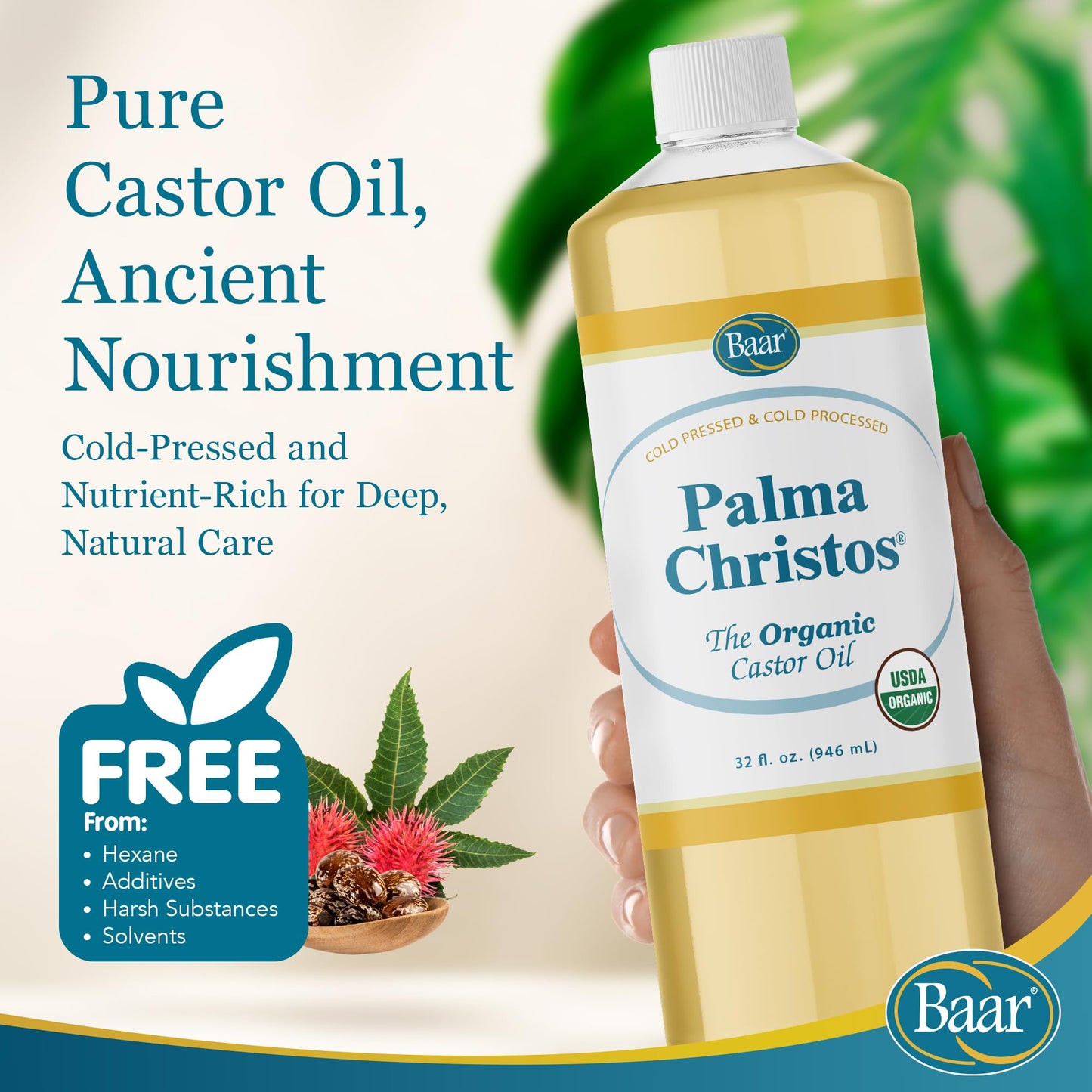 Baar Palma Christos Organic Castor Oil Products, Cold-Pressed, Hexane-Free, USDA Certified, for Skin, Hair, Massage & Castor Oil Packs, 32 oz Beauty & Personal Care Baar