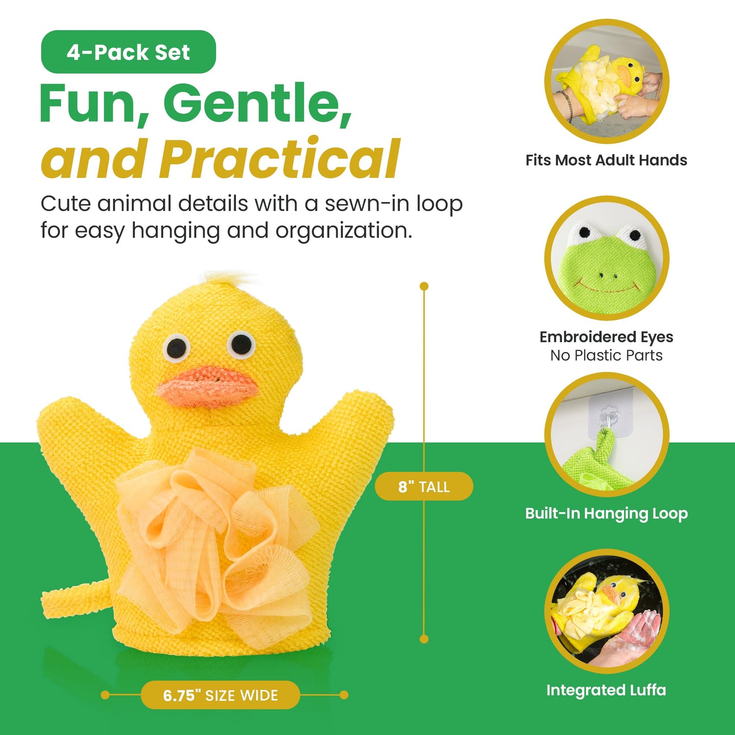 Made Easy Kit Hand Puppet Bath Wash Mitt Towel with Animal Designs with Loofahs for Fun Interactive Bathing Time (Green Yellow Pink Blue) Beauty and Personal Care Made Easy Kit