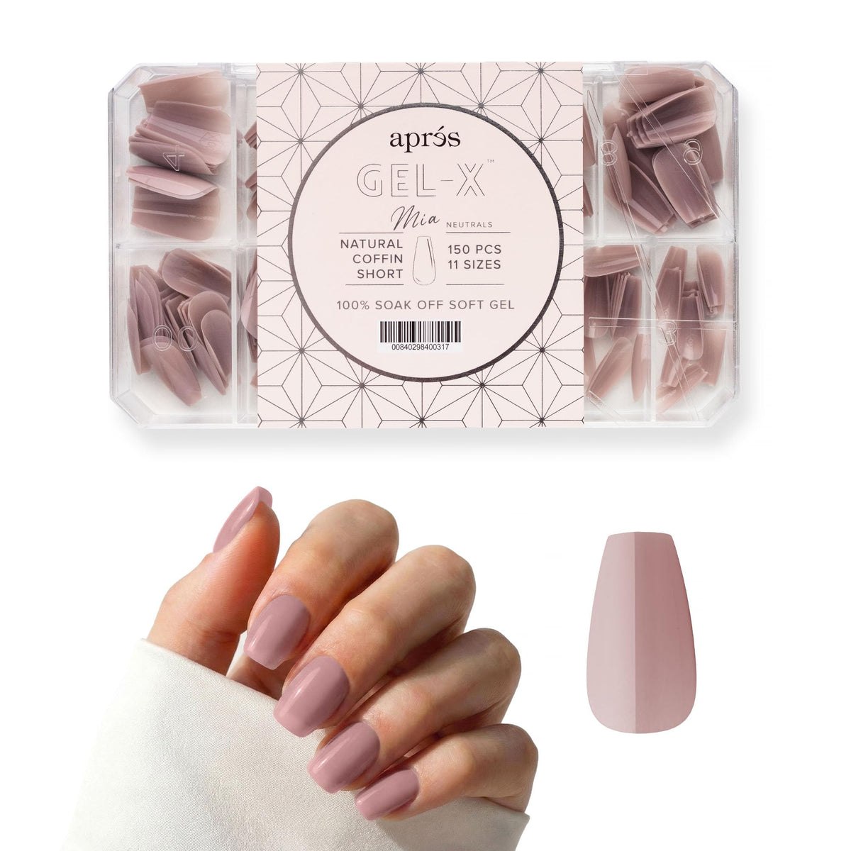 Apres Neutrals Gel-X Mia Box Of Press On Nails, 11 Sizes 00-9, Soft Gel Nail Tip Box (150pcs) (Natural Coffin Short, 150pcs)