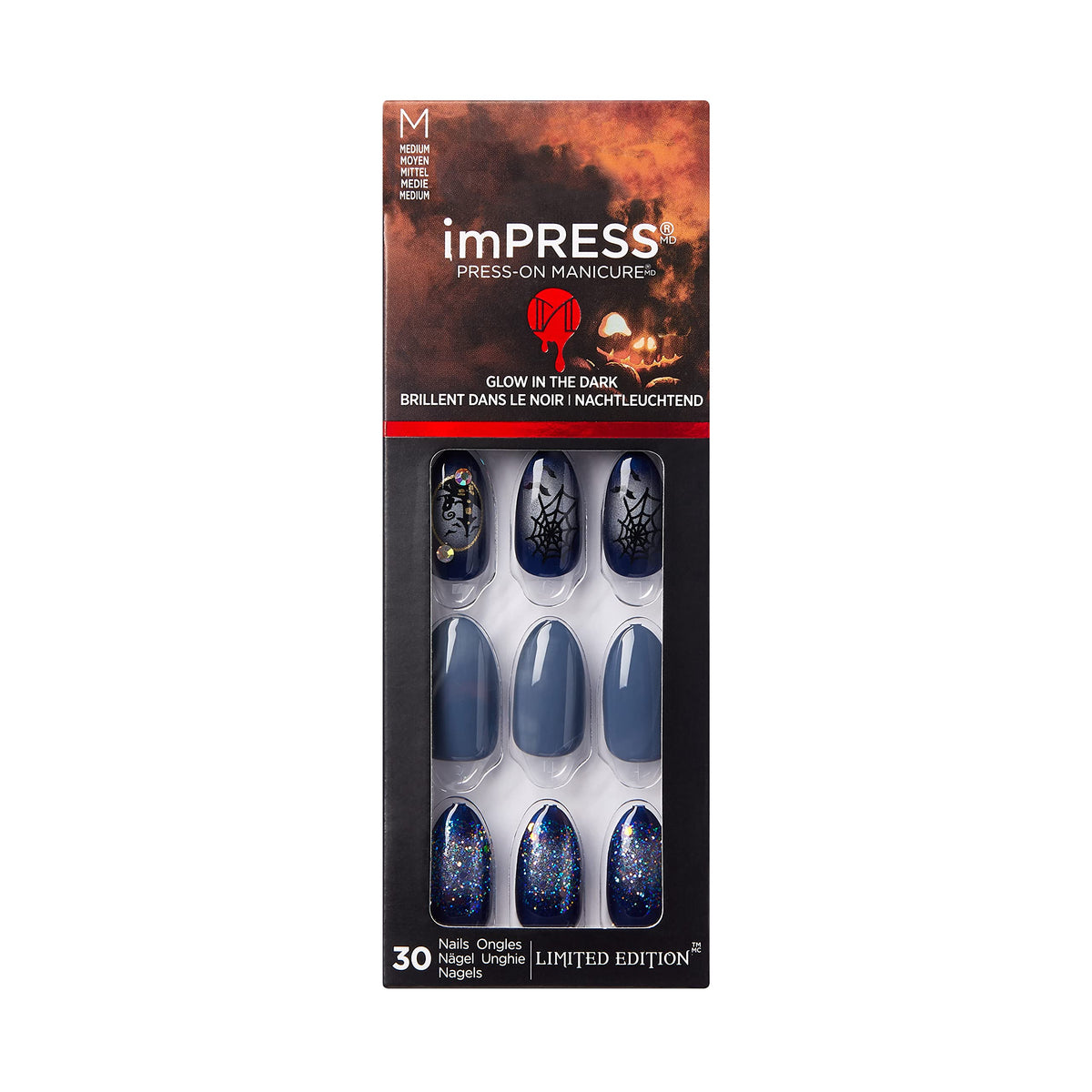 KISS imPRESS Limited Edition Halloween Press-On Nails, Glow-In-The-Dark, PureFit Technology, 'Hallow-queen’, with Prep Pad, Mini File, Cuticle Stick