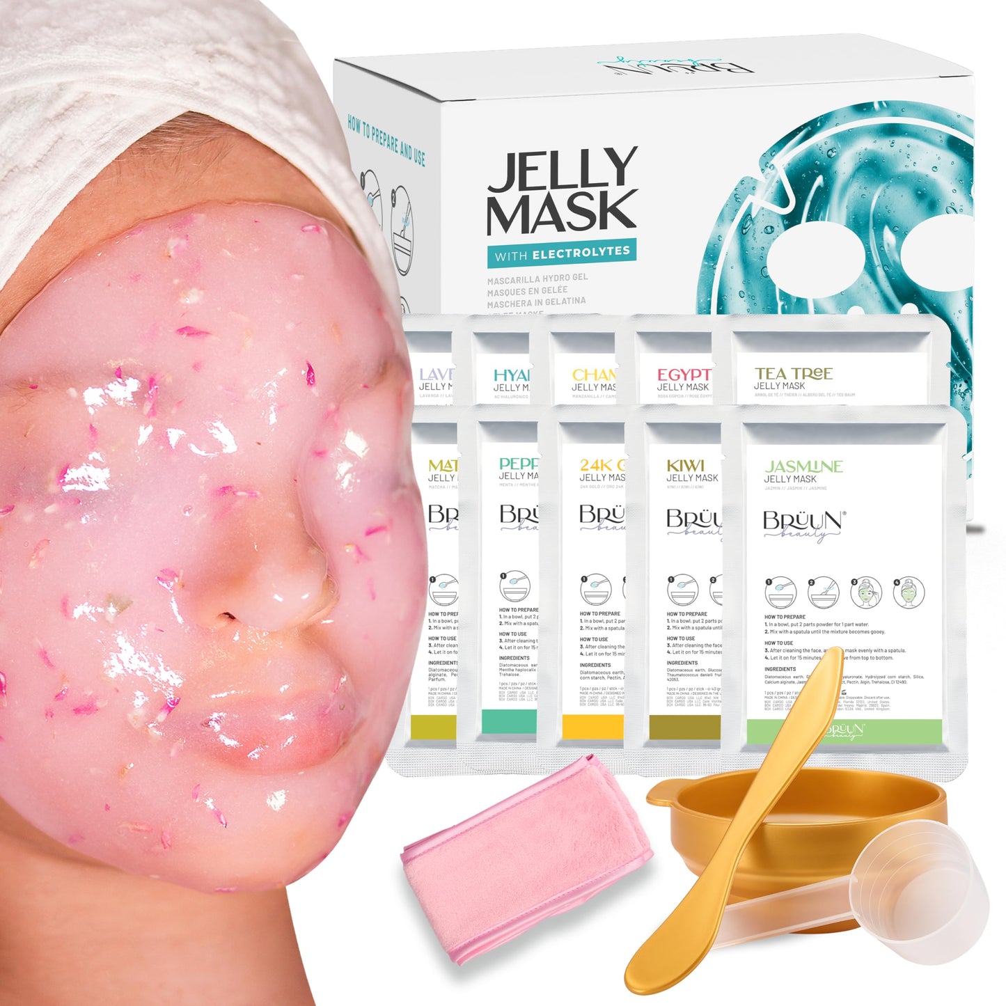 Peel-Off Jelly Mask Premium Modeling "Rubber Mask" Spa Set - 10 Treatments (24k Gold, Lavender, Kiwi, Peppermint, Egyptian Rose, Matcha, Chamomile Beauty & Personal Care BRÜUN