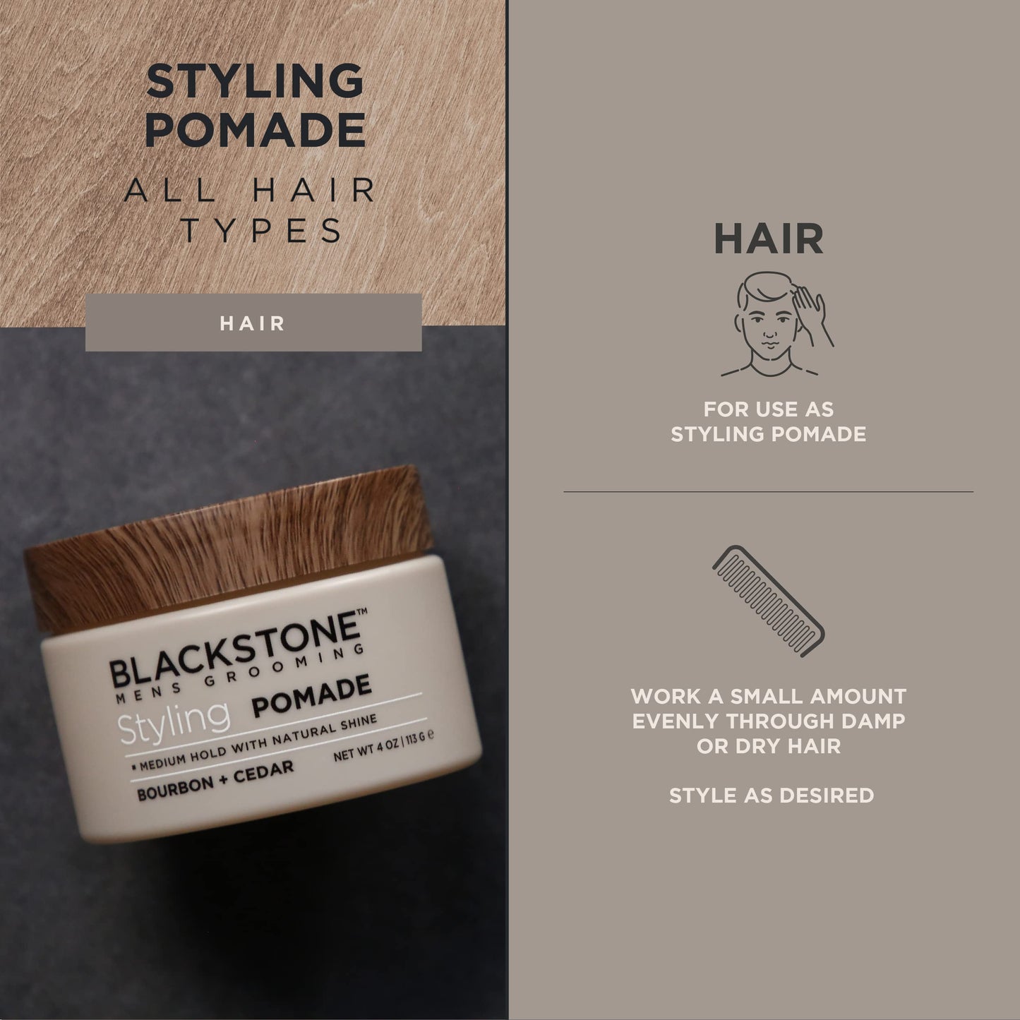 Blackstone Men's Grooming Hair Styling Pomade - Medium Hold with Natural Shine | Bourbon + Cedar (4 oz) Beauty & Personal Care Blackstone