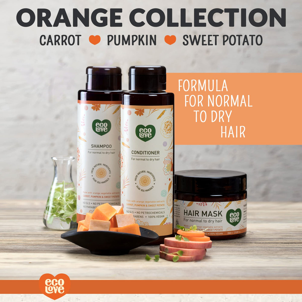 ecoLove - Natural Conditioner for Dry, Damaged Hair and Color Treated Hair - No SLS or Parabens - With Natural Carrot and Pumpkin Extract - Vegan Beauty & Personal Care ecoLove