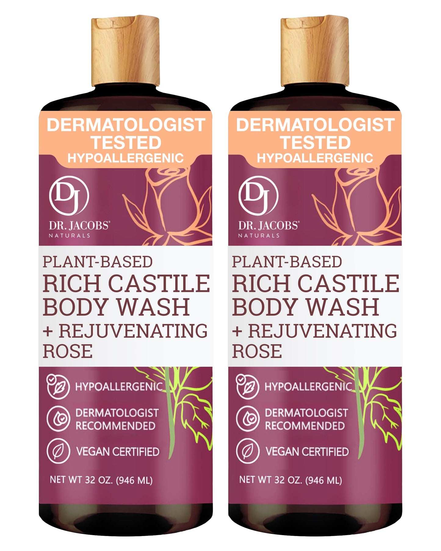 Dr. Jacobs Naturals Pure Castile Soap Liquid Body Wash, Rose - Plant Based Body Soap Infused with Vitamin E and Aloe Vera to Moisturize Dry Beauty & Personal Care DR.JACOBS NATURALS