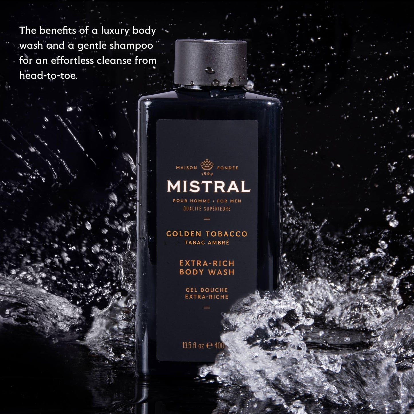 Mistral Men's Body Wash & Shampoo, Golden Tobacco 13.5 oz | 2-in-1 Natural Shower Gel for Men | SLS, Paraben & Phthalate Free | Natural Men’s Body Beauty & Personal Care Mistral