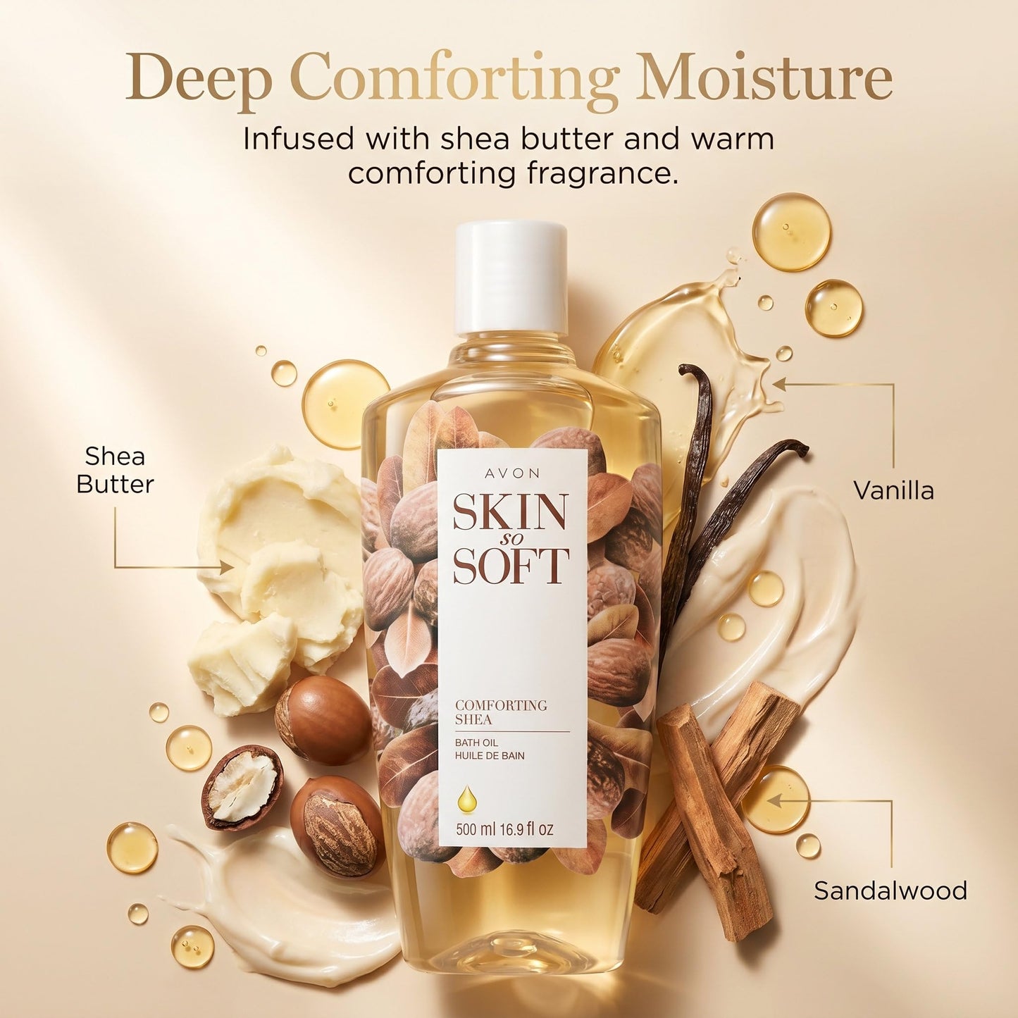 AVON Skin So Soft Comforting Shea Bath Oil, 16.9 fl oz - with Shea Butter, Vitamins A & E - Vanilla, Sandalwood & Musk Scent Beauty and Personal Care AVON