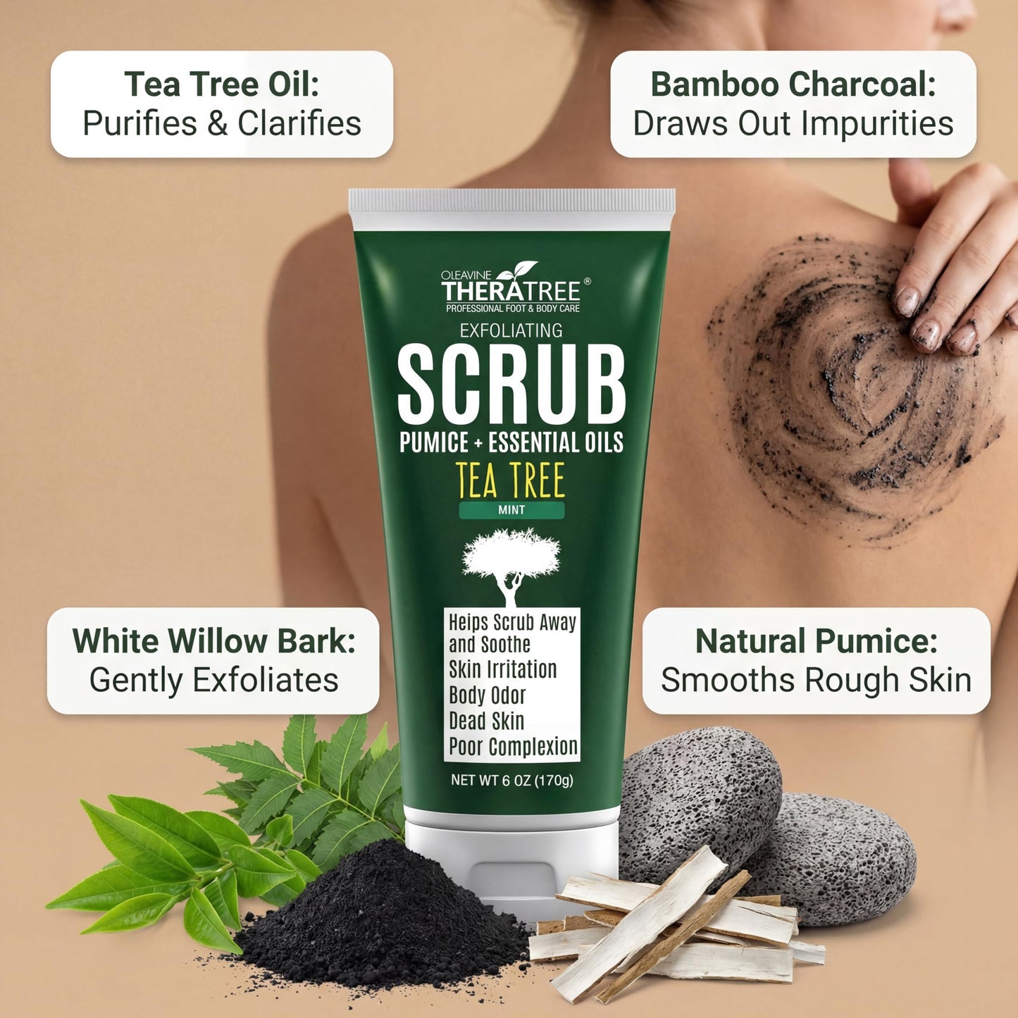 Tea Tree Oil Exfoliating Scrub with Bamboo Charcoal, Neem Oil & Natural Pumice by Oleavine TheraTree Beauty & Personal Care Oleavine