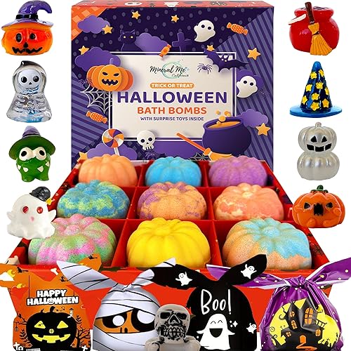 Bath Bombs for Kids with Surprise Toys Inside - Set of 9 Organic Halloween Bath Bombs, Gentle and Safe - Fizzy Balls with Rainbow Bubbles, Halloween… Beauty & Personal Care Mineral Me California