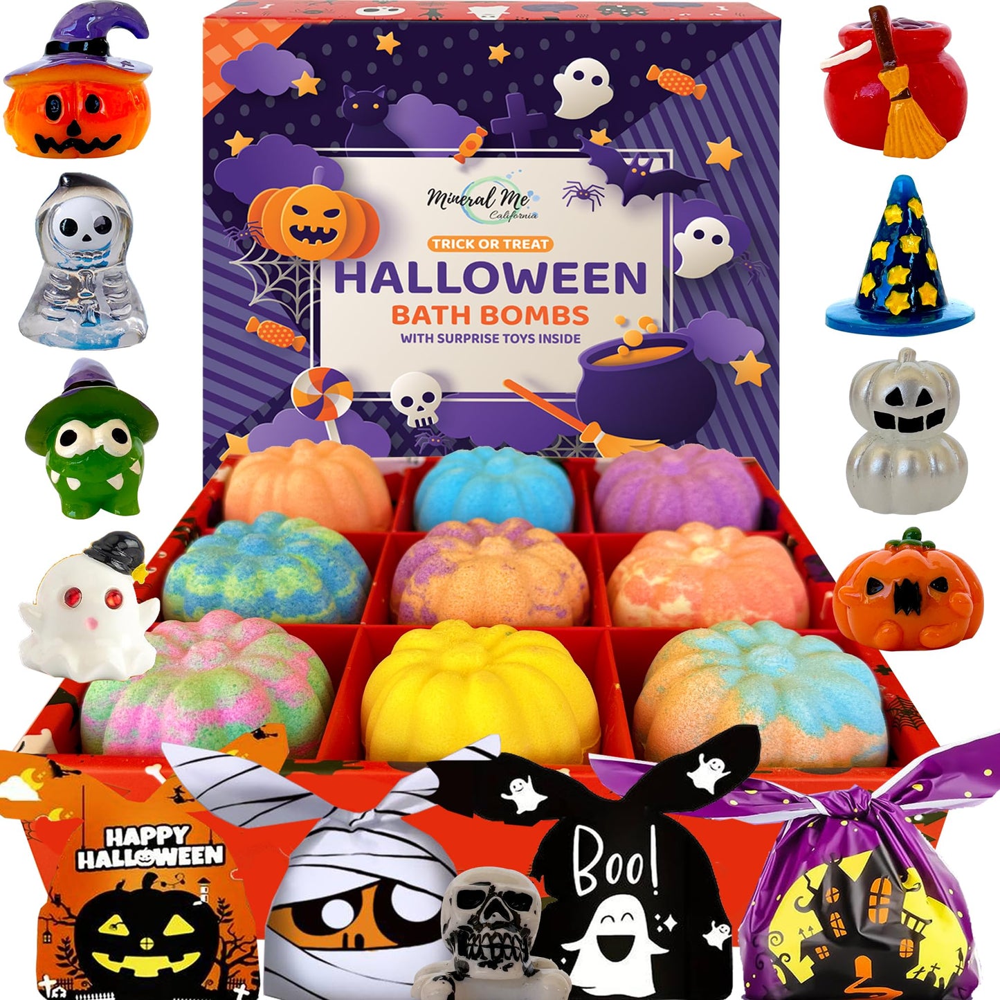Bath Bombs for Kids with Surprise Toys Inside - Set of 9 Organic Halloween Bath Bombs, Gentle and Safe - Fizzy Balls with Rainbow Bubbles, Halloween… Beauty & Personal Care Mineral Me California