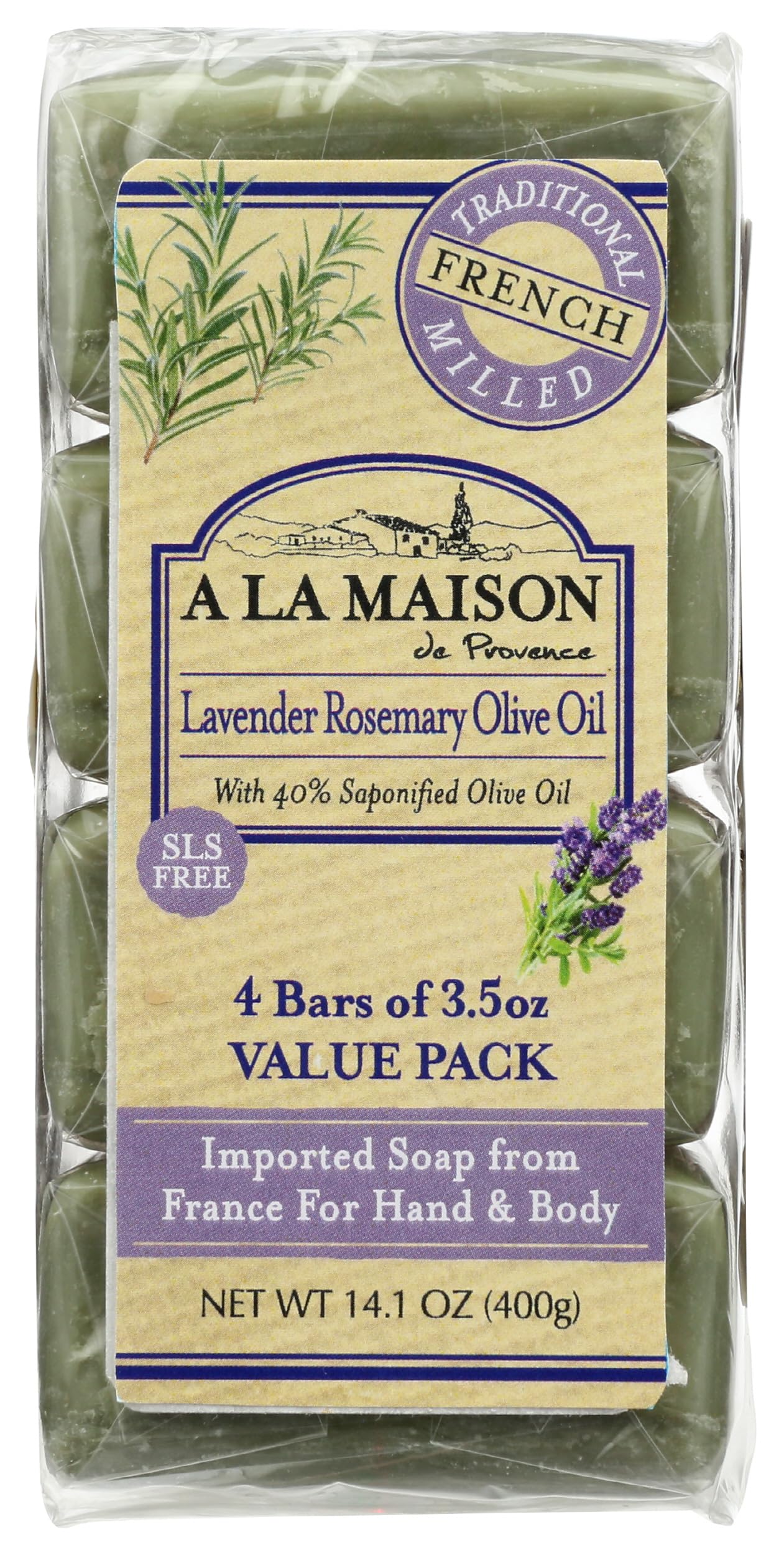 A LA MAISON Lavender Rosemary Olive Oil Bar Soap - Triple French Milled Natural Moisturizing Hand Soap Bar (4 Bars of Soap, 3.5 oz) Beauty & Personal Care A LA MAISON