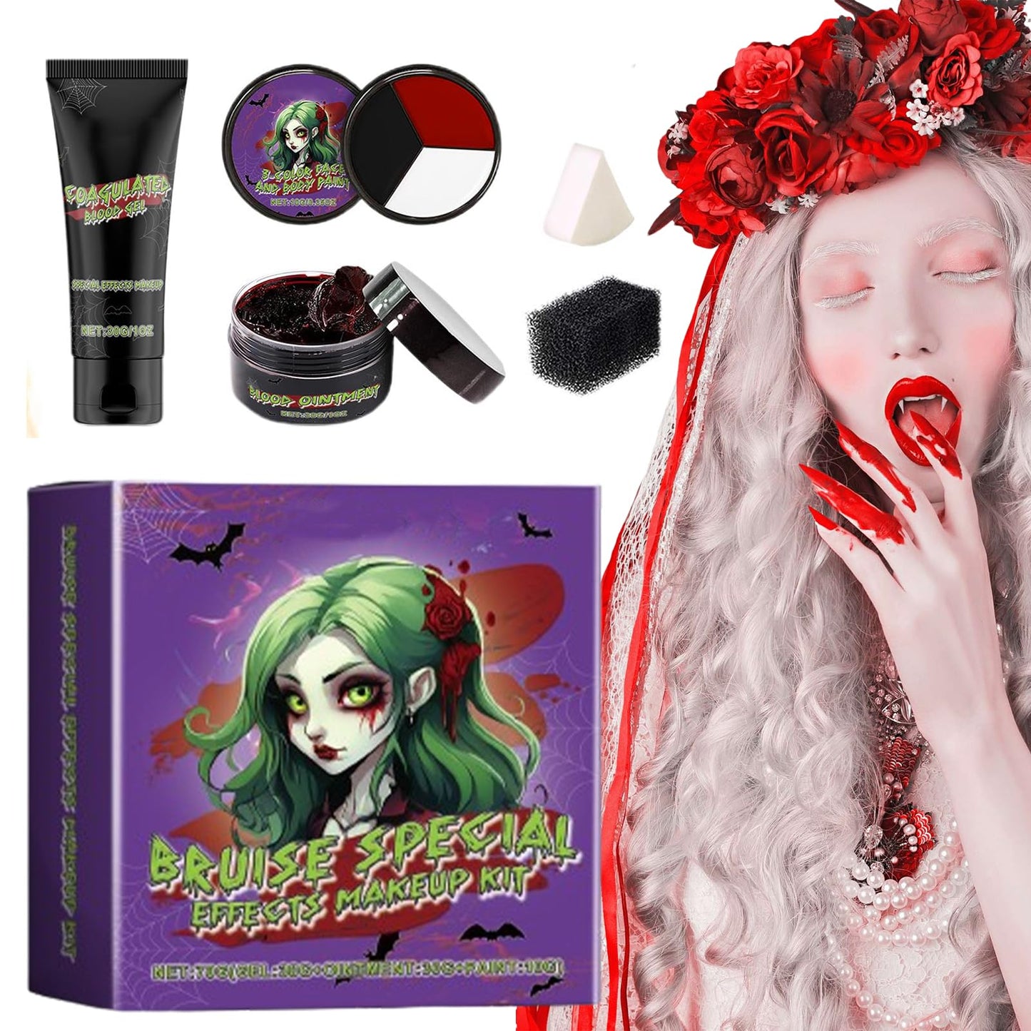 Halloween Makeup, Bloody Wound Festive Horror Halloween Makeup Kit, Washable Fake Blood Zombie Zombie Role-Playing, for Facial And Body Painting Beauty & Personal Care FINLALO