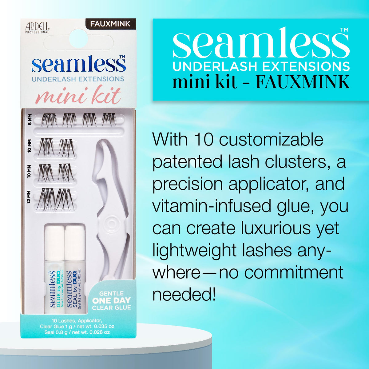Ardell Seamless Underlash Extensions Fauxmink Mini Kit, 10 Lashes, 1 Day Clear Glue, Seal, Applicator, Perfect for On-The-Go Lash Customization