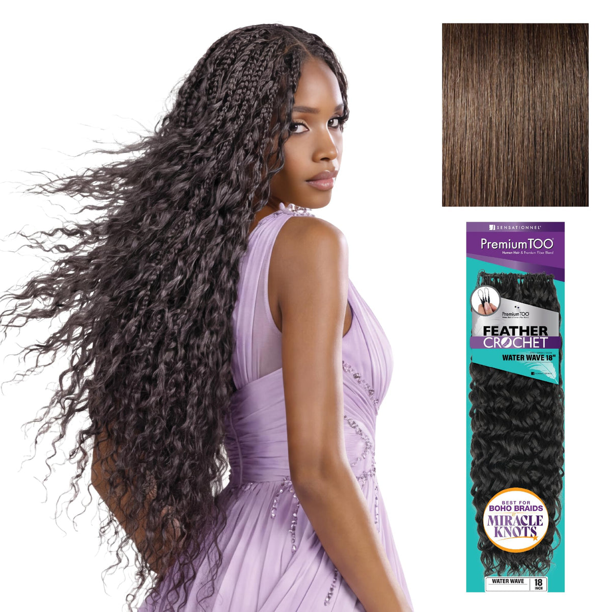 Sensationnel PremiumToo Feather Crochet Braids-Water Wave,18in, 4 MEDBROWN