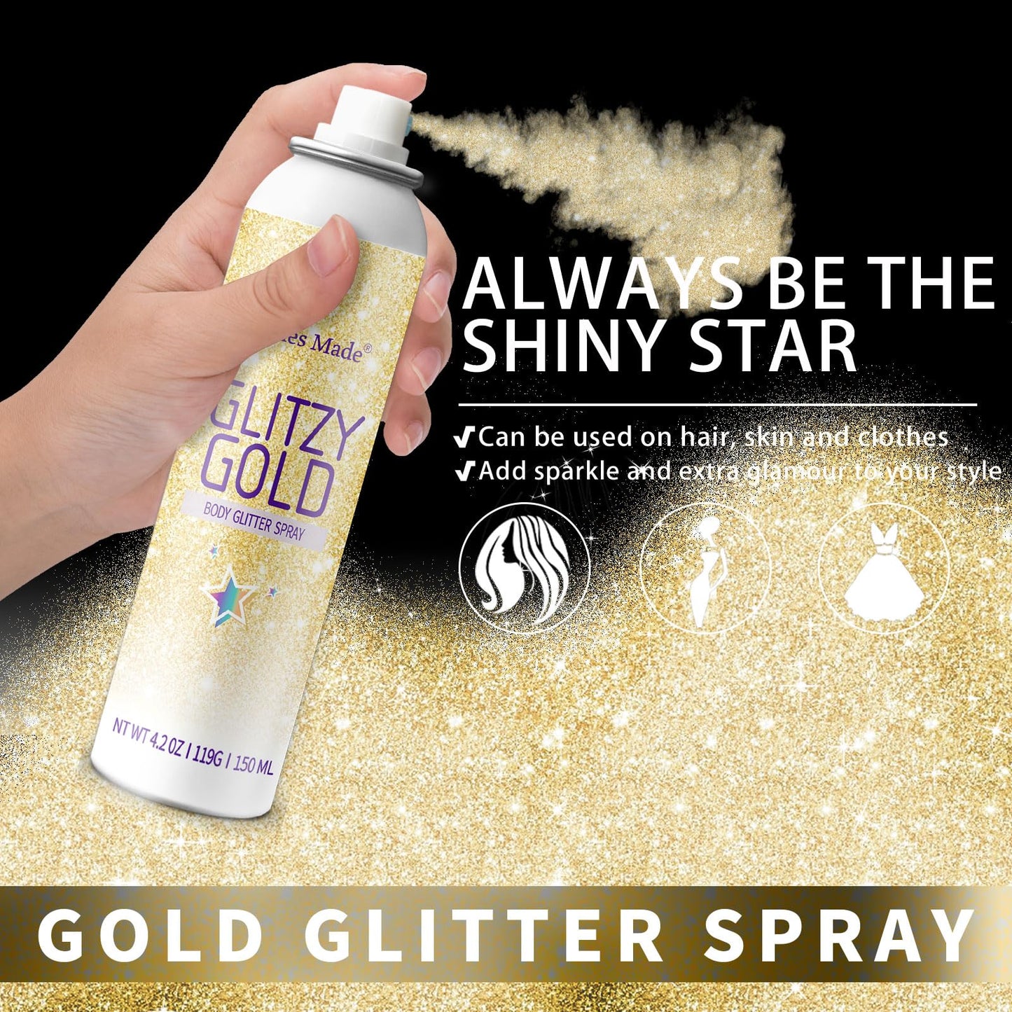 Elitles Made Hair Glitter Body Glitter Spray, 150ML Glitter Hairspray Gold Glitter Spray for Hair and Body, Hair Glitter for Kids Women, Body Shimmer Beauty & Personal Care Elitles Made