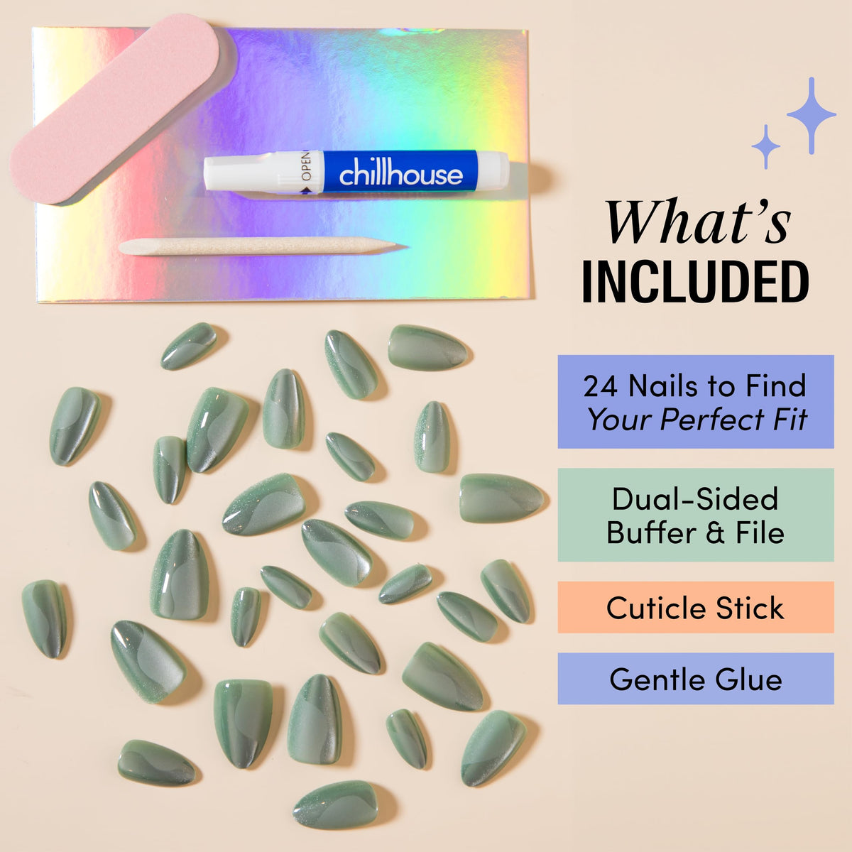 Chillhouse - Chill Tips, Press on Nails Kit - Sea Siren (Almond) - 30 Nail Shapes & Sizes - Up to 2 Weeks of Wear - Customizable Fit - Reusable
