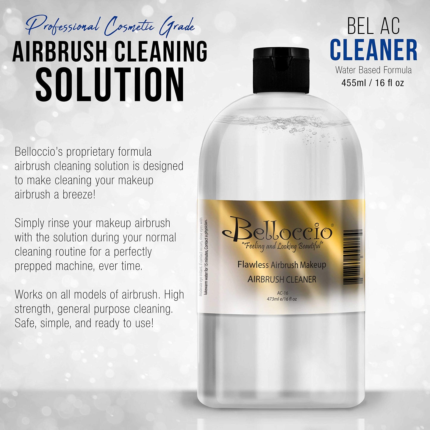 16 Ounce Bottle of Belloccio Makeup Airbrush Cleaner - Fast Acting Cleaning Solution, Quickly Cleans Flushes Out Airbrush Makeup Foundation, Blush Beauty & Personal Care Belloccio