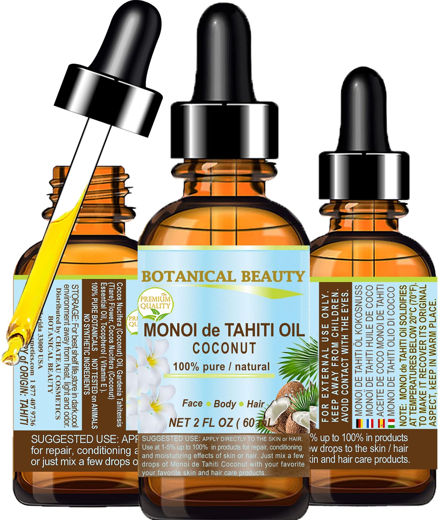 Botanical Beauty MONOI de TAHITI OIL COCONUT 100% Pure Natural Virgin Unrefined RAW 2 Fl. Oz.- 60 ml for FACE, SKIN, BODY, HAIR, NAILS Beauty & Personal Care Botanical Beauty