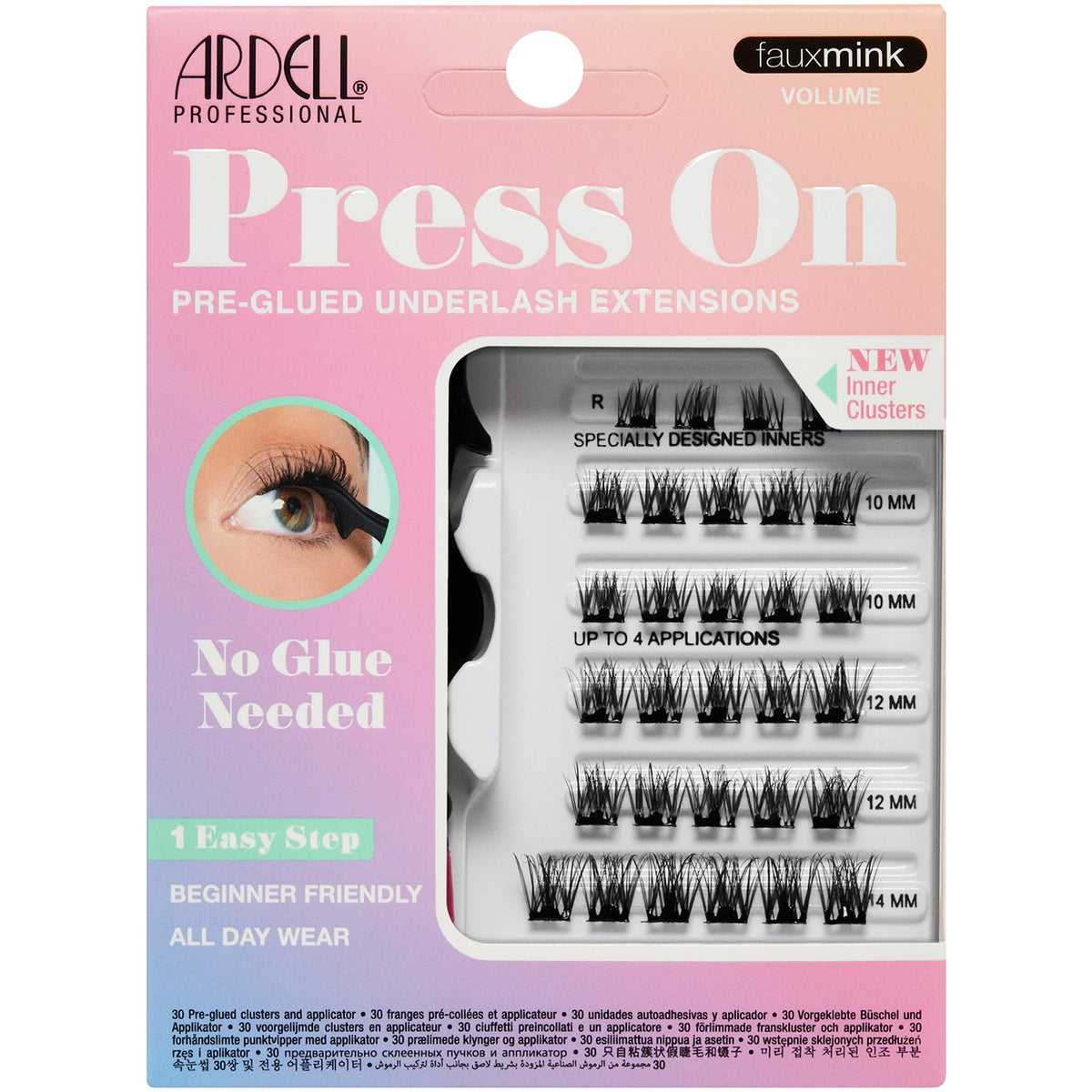 Ardell Press On Pre-Glued Eyelash Extension with Applicator - Fauxmink Volume, Customizable DIY Lash Clusters, Beginner Friendly Individual Lashes, 30